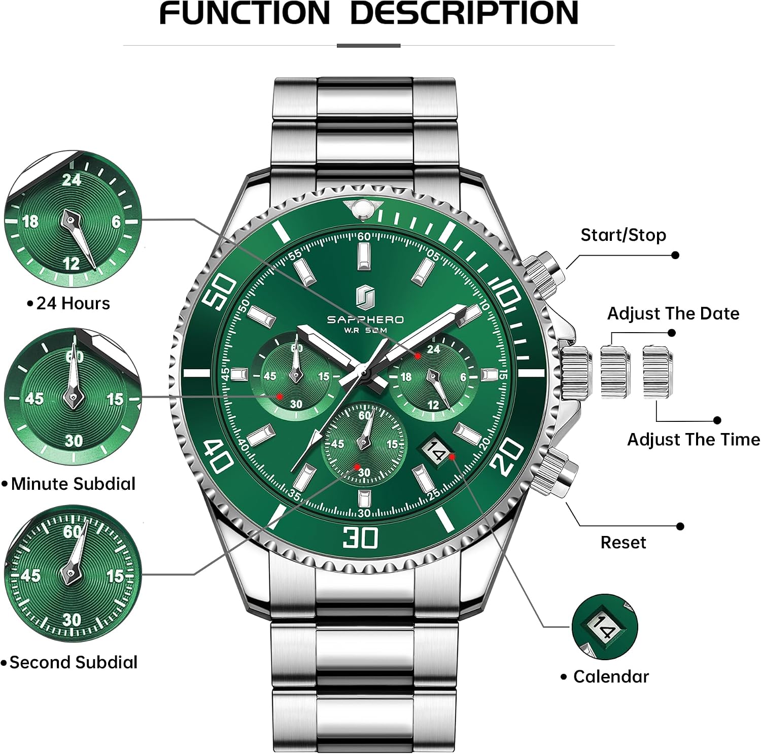 Thumbnail 6 de SAPPHERO Herrenuhr Chronograph Analog Quarz 50M – Edelstahl, 42 mm Zifferblatt, Kalender, Geschenkidee