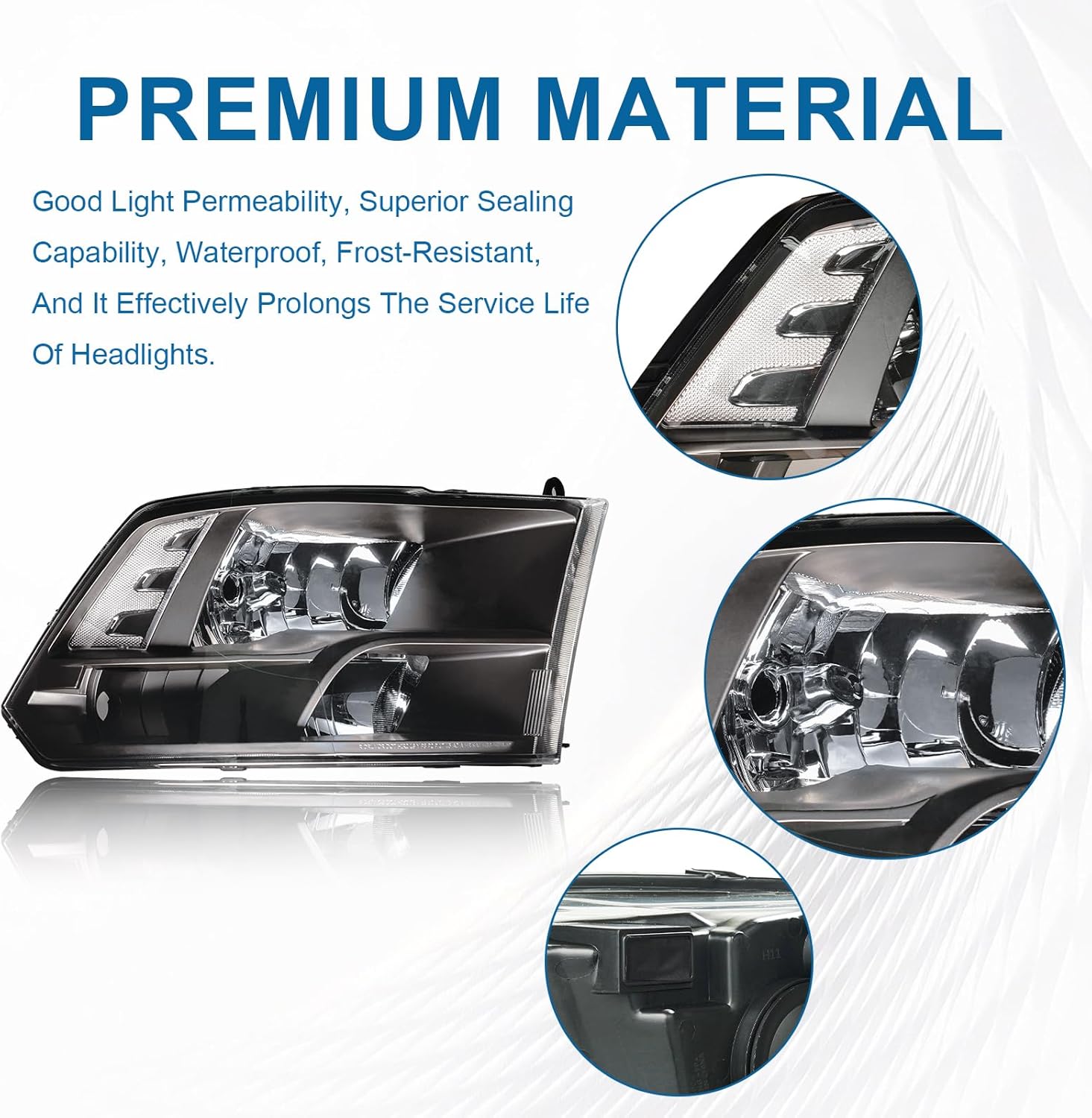 Thumbnail 1 de Fullux Headlights for 2009-2018 Dodge Ram 1500 / 2010-2018 Ram 2500-5500 Quad Style Halogen – Black Housing, Clear Reflector