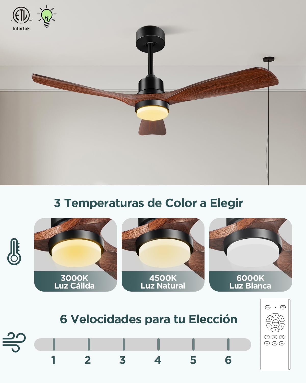 Detalle de Ventilador de Techo Madera con Luz y Mando a Distancia 🌟
