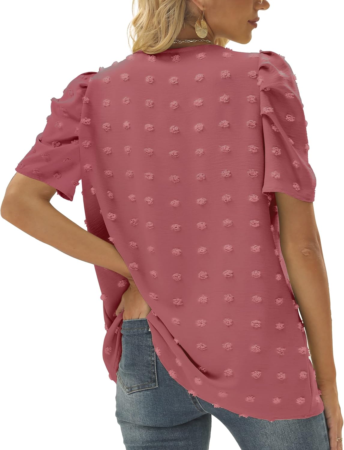 Detalle de Aokosor Ladies Tops: Swiss Dot V-Neck Puff Sleeve Blouse for Everyday Style
