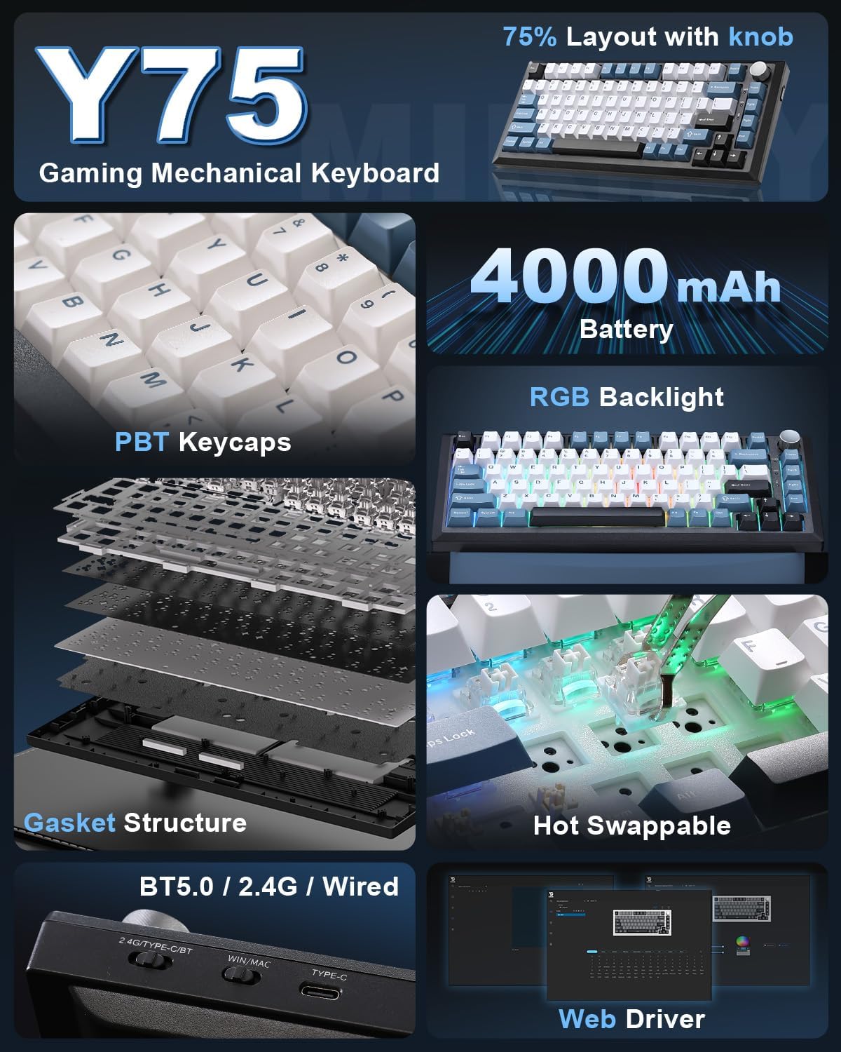 Detalle 2 de MIKIBY Y75 75% Gasket Wireless Mechanical Keyboard ⌨