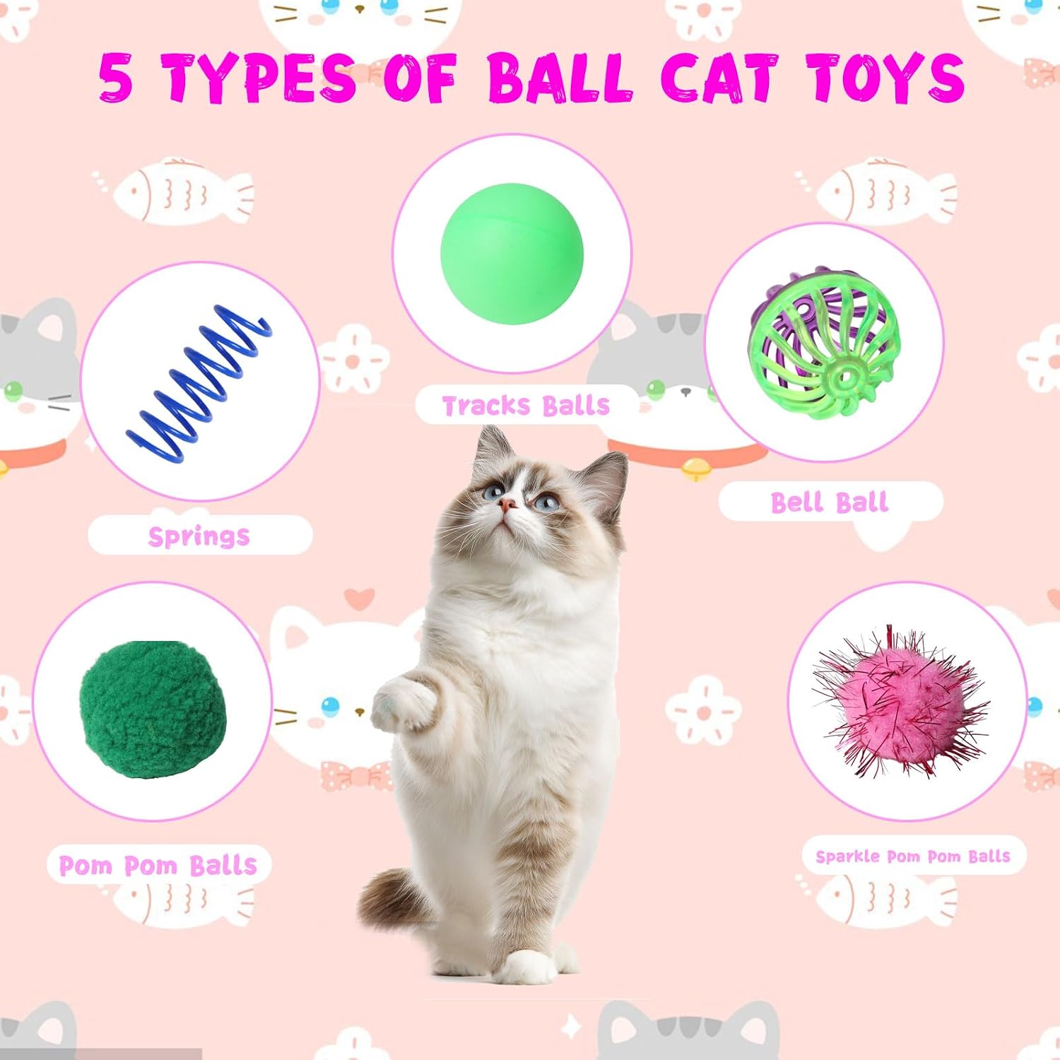 Detalle de Flashine A12 Cat Toy Set, 40 Pieces with Springs, Jingle Balls and Pom-Poms