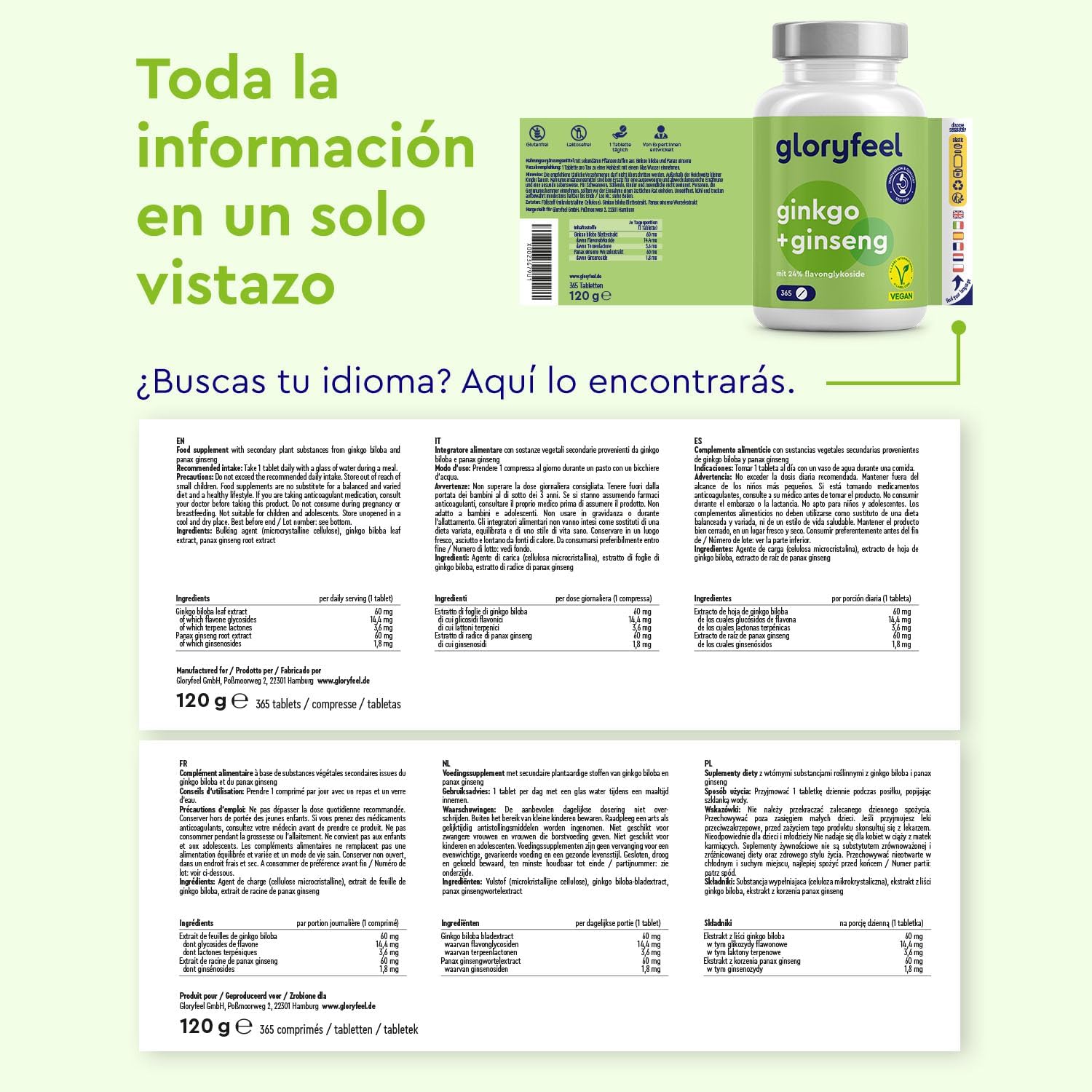 Thumbnail 6 de Ginkgo + Ginseng 365 tabletas Suplemento vegetal