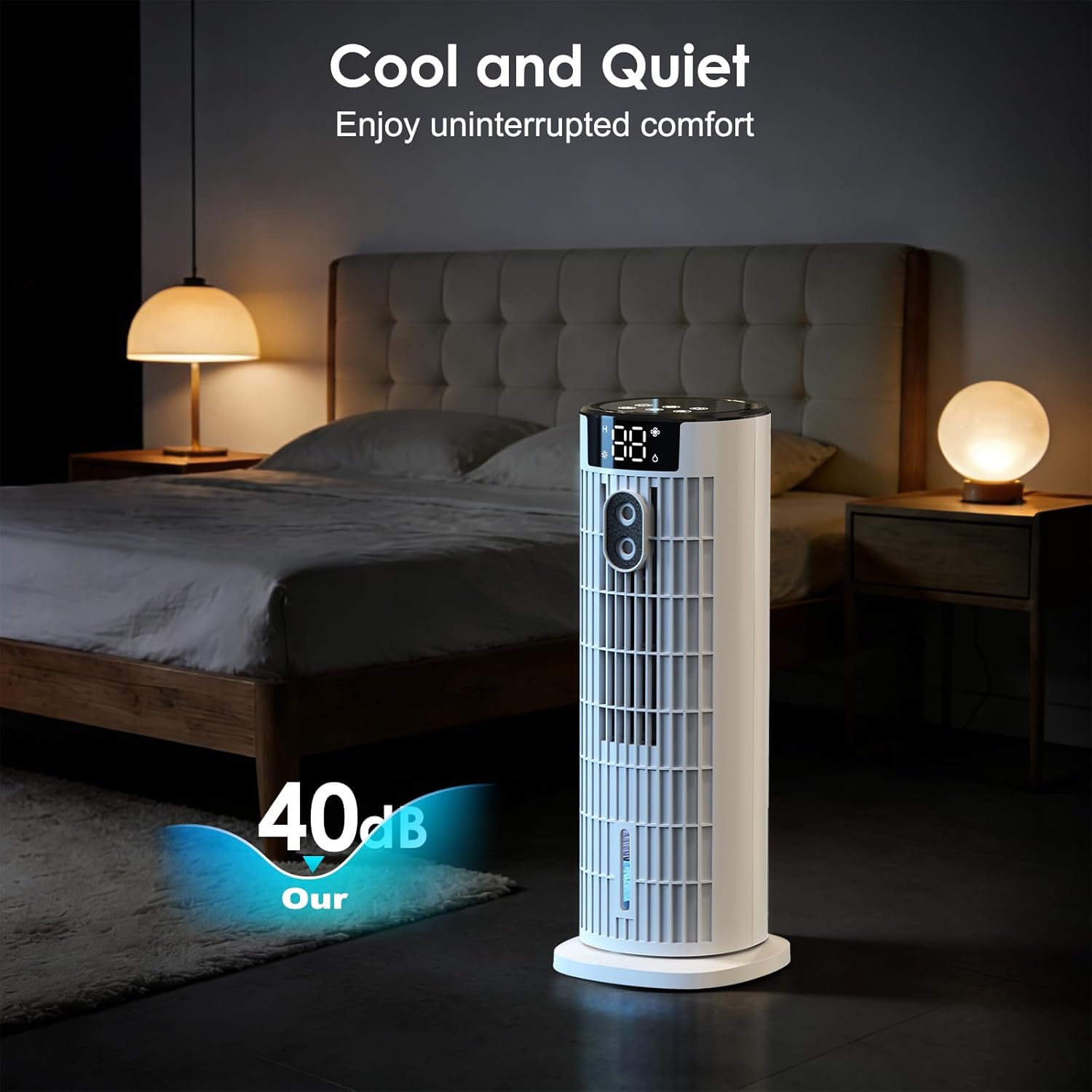 Detalle de Air Cooler Portable Air Conditioner with 3 Speeds, LED Display, and Remote – 90° Oscillation Tower Fan (White)