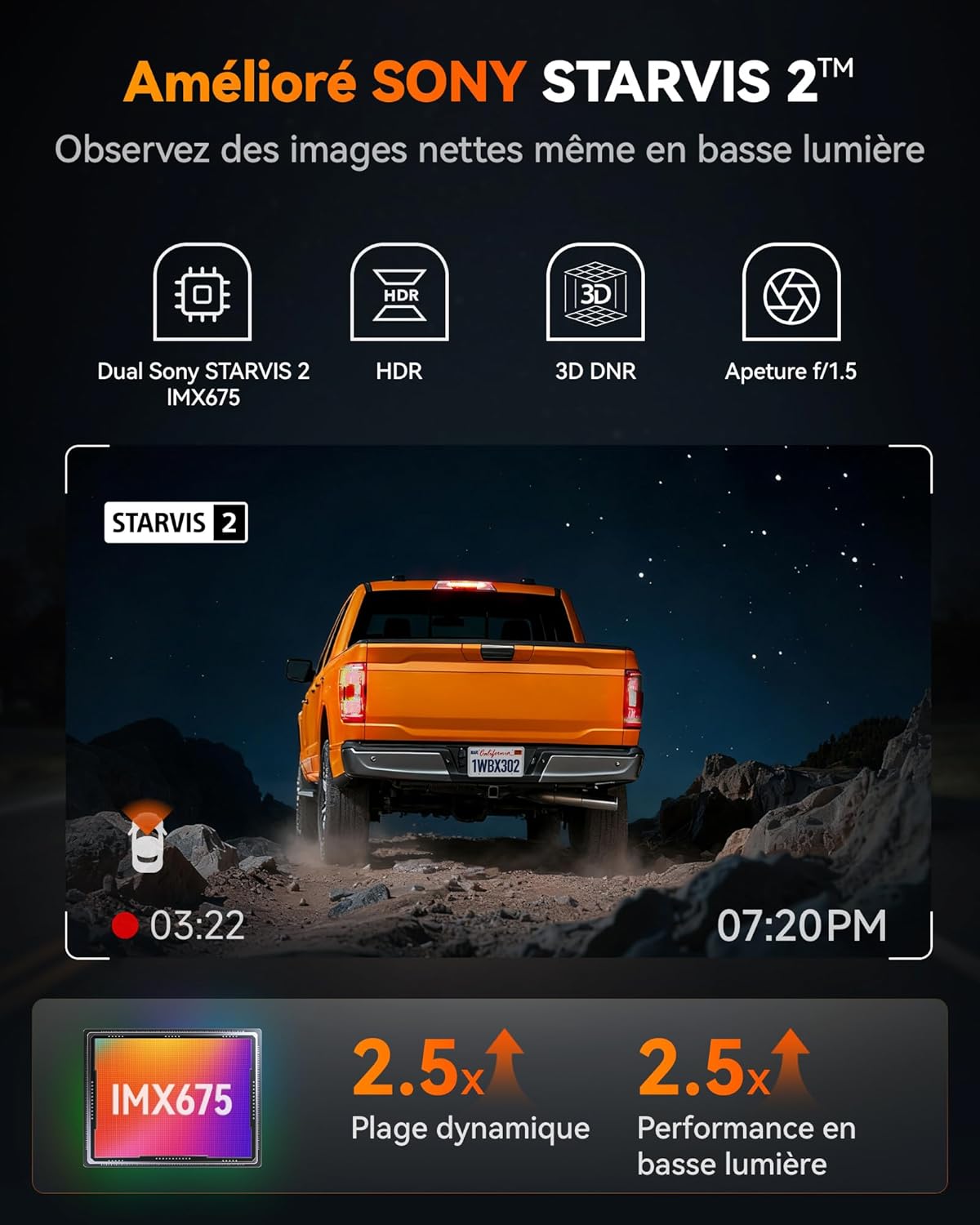 Thumbnail 2 de WOLFBOX X3 Pro Dual Starvis 2 (IMX675) — Dashcam avant arrière 1440P 60FPS + ADAS, GPS et Wi‑Fi 5,8 GHz