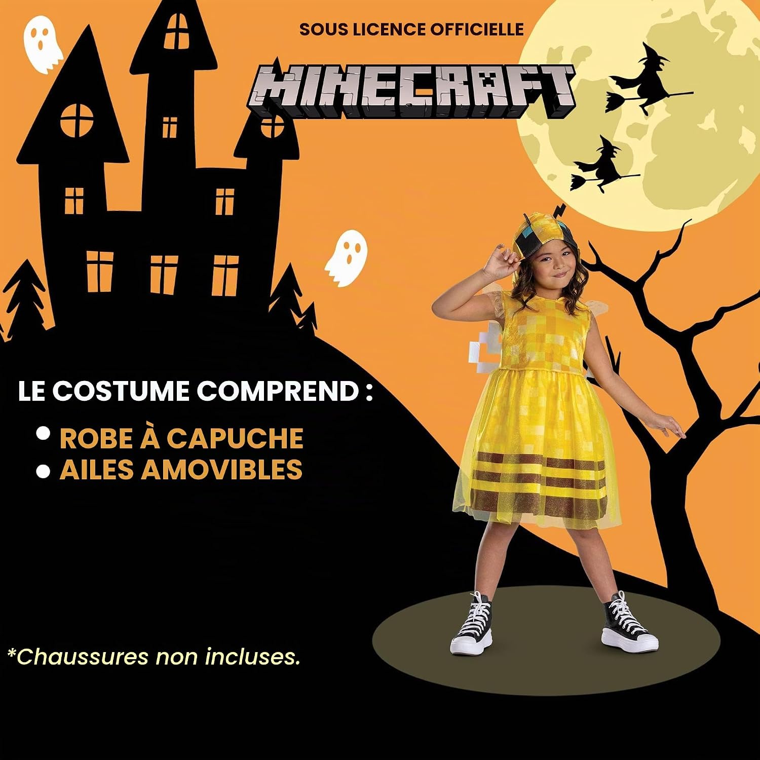 Detalle 2 de Minecraft-bijenkostuum voor kinderen met capuchon en vleugelmotief
