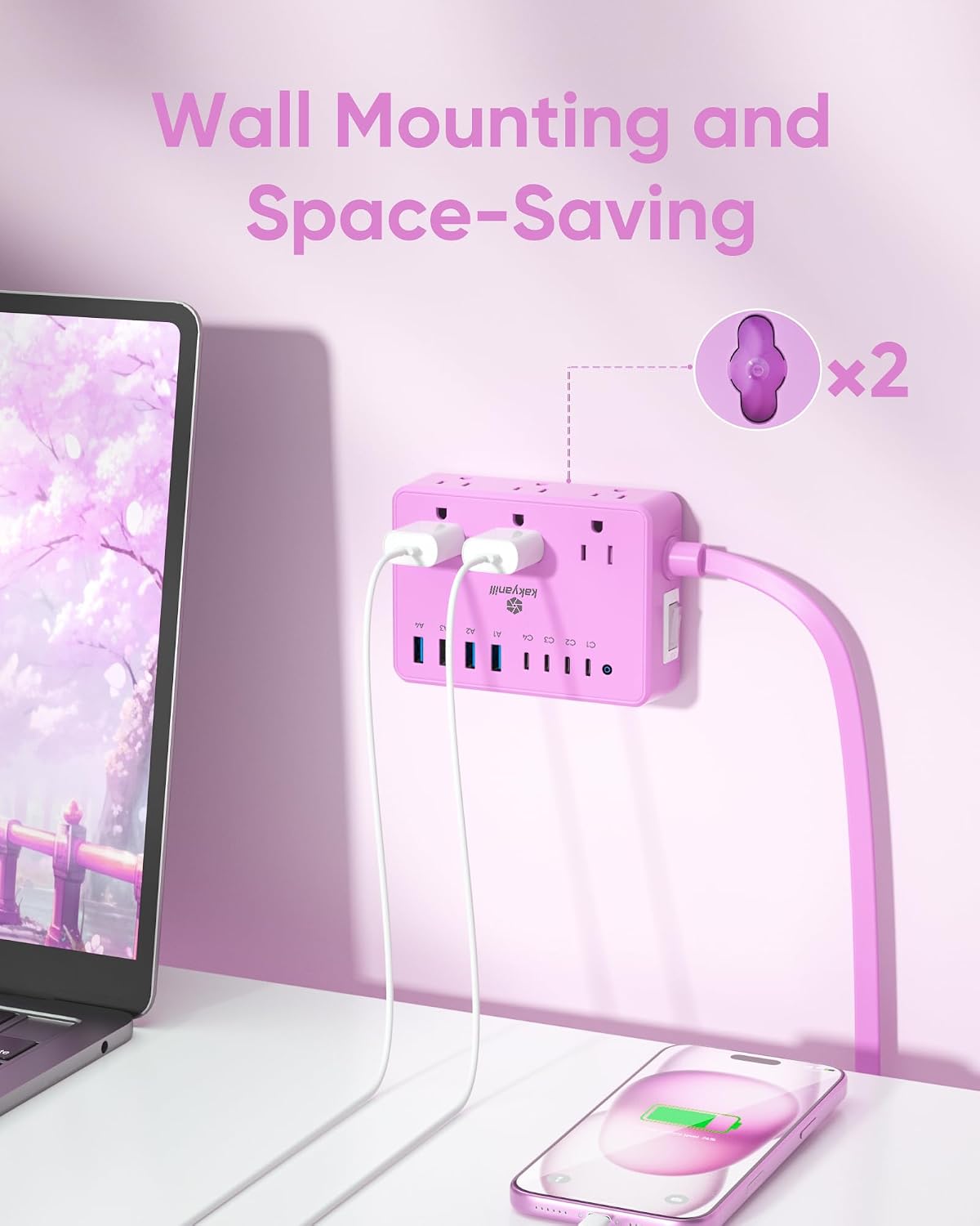 Thumbnail 4 de Kakyanill DM6 Power Strip, 6 AC Outlets, 8 USB Ports, Purple, 5-Foot Cord