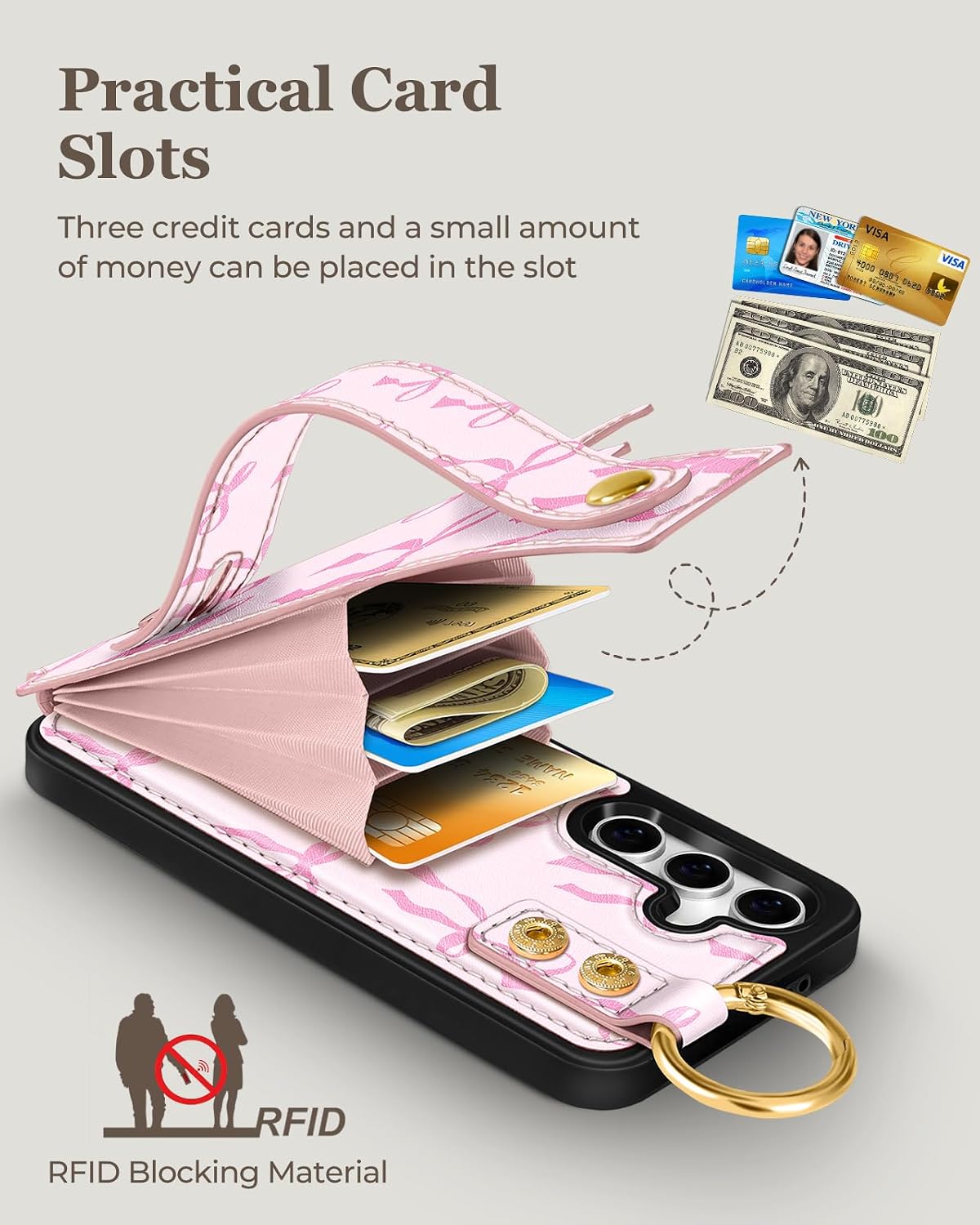 Detalle de Petitian Bow Wallet Case for Samsung Galaxy S24/S25 with Card Storage and Wrist Strap