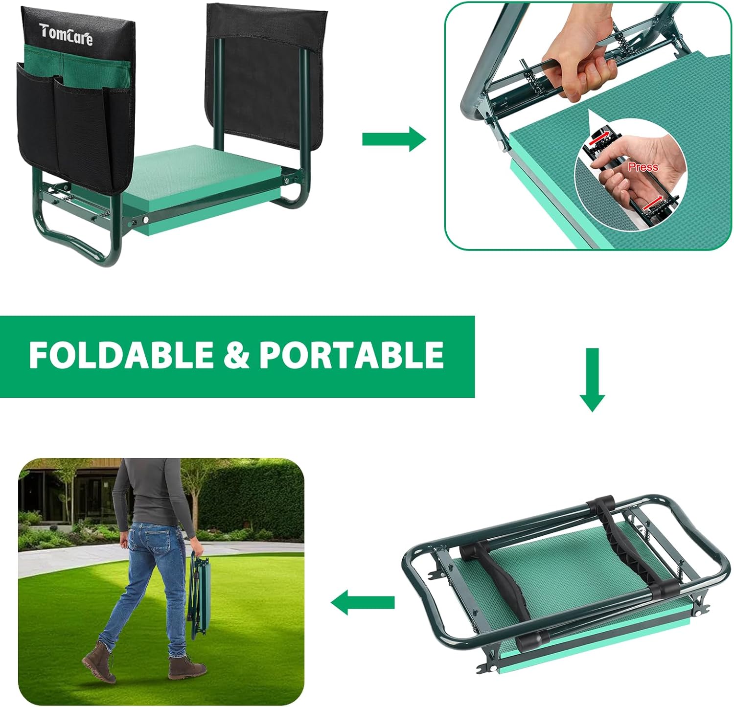 Detalle 2 de TomCare Garden Kneeler and Seat: Wider 10.64” Pad, 400 lb Capacity, Foldable with Dual Tool Pouches