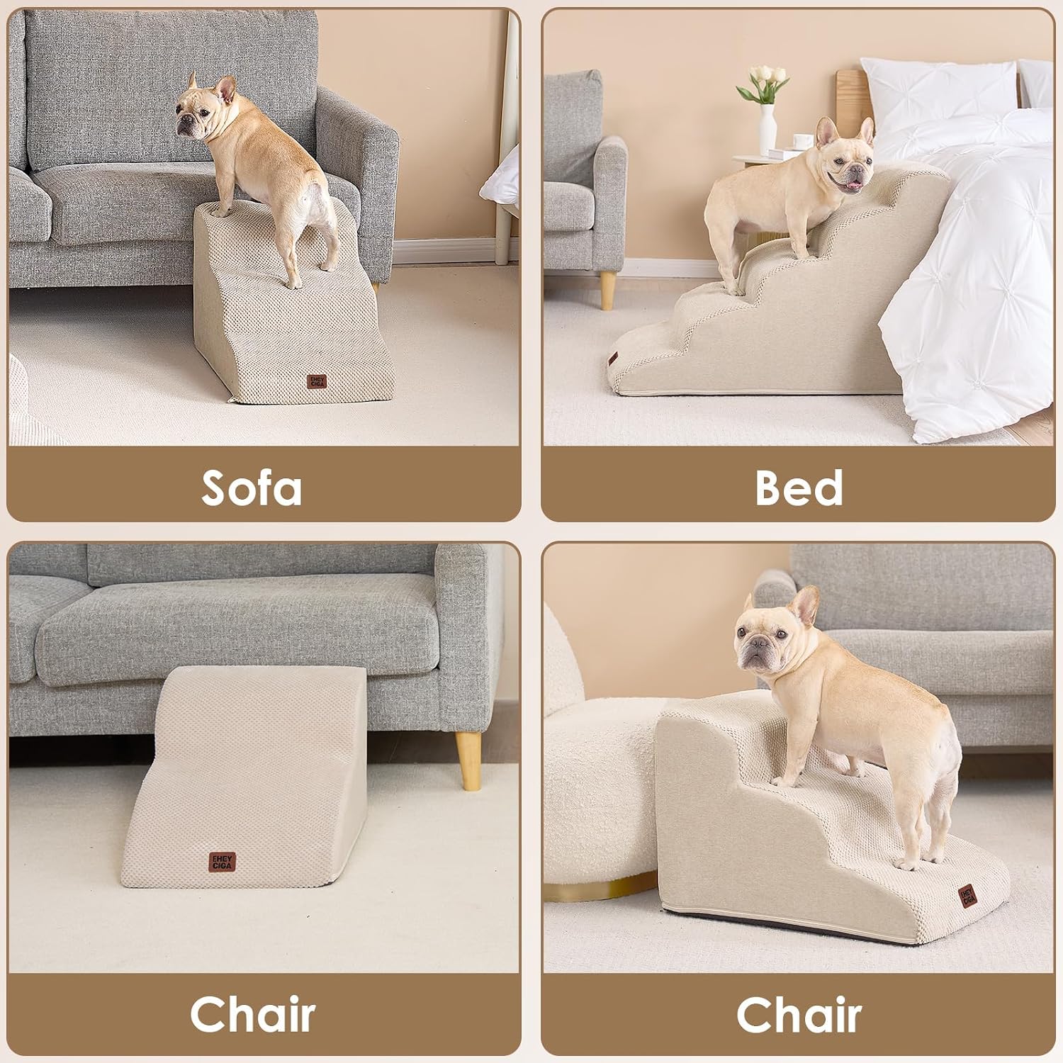 Thumbnail 6 de EHEYCIGA Hundetreppe für kleine Hunde (2 Stufen, 30 cm hoch) mit waschbarem Bezug in Beige