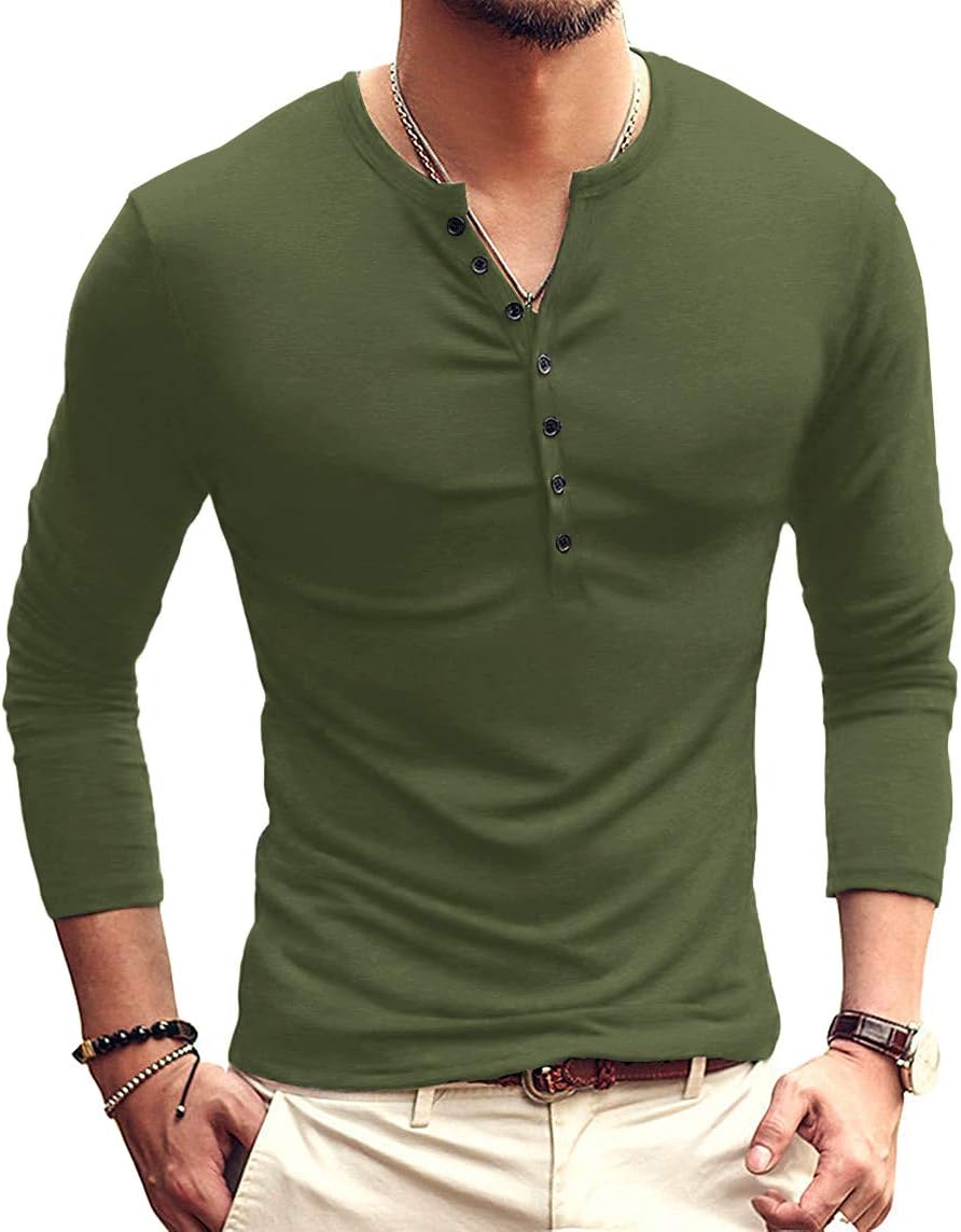 Detalle de KUYIGO Mens Cotton Slim Fit Henley Shirt with 7-Button Long Sleeve