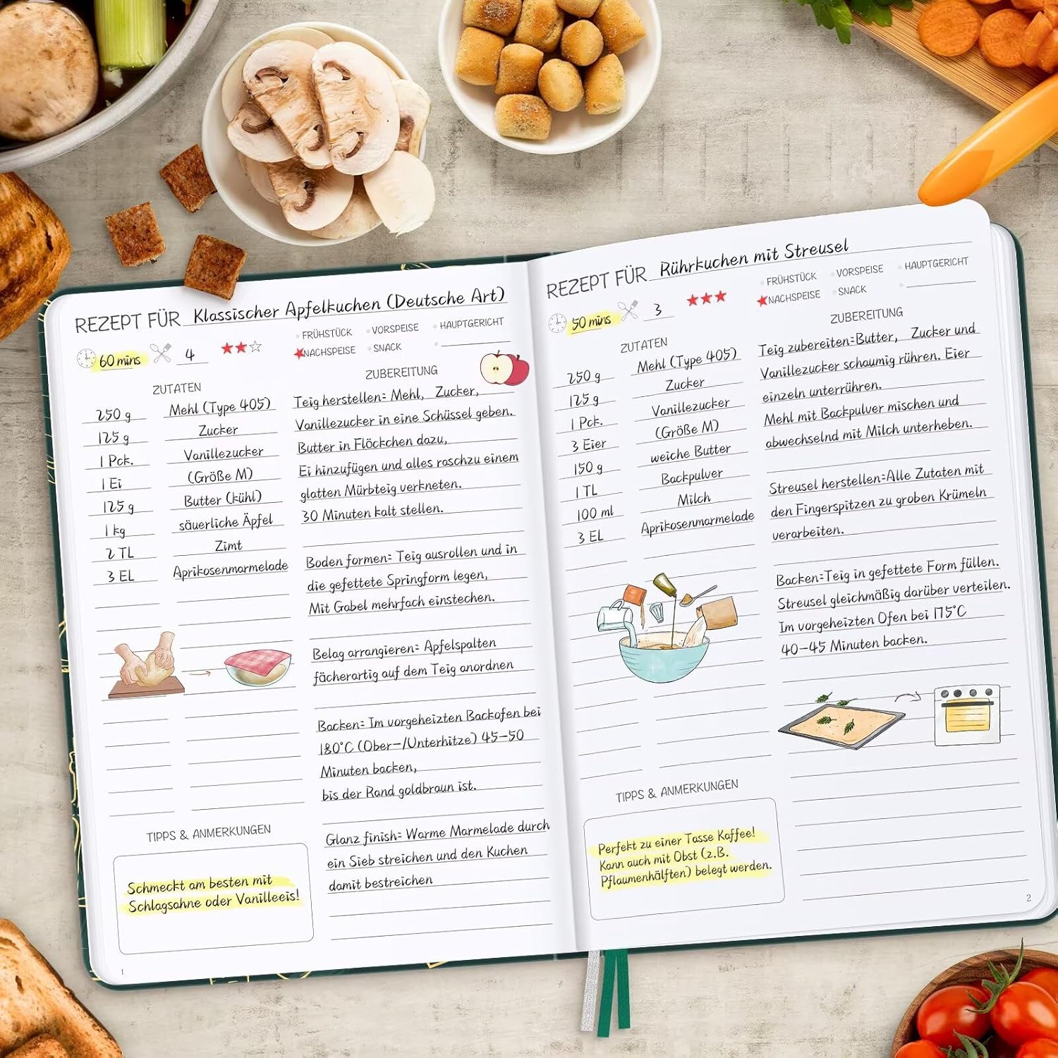 Detalle de AITBOLFIT Rezeptbuch zum Selberschreiben A5 mit Platz für 150 Rezepte (Tiefgrün)