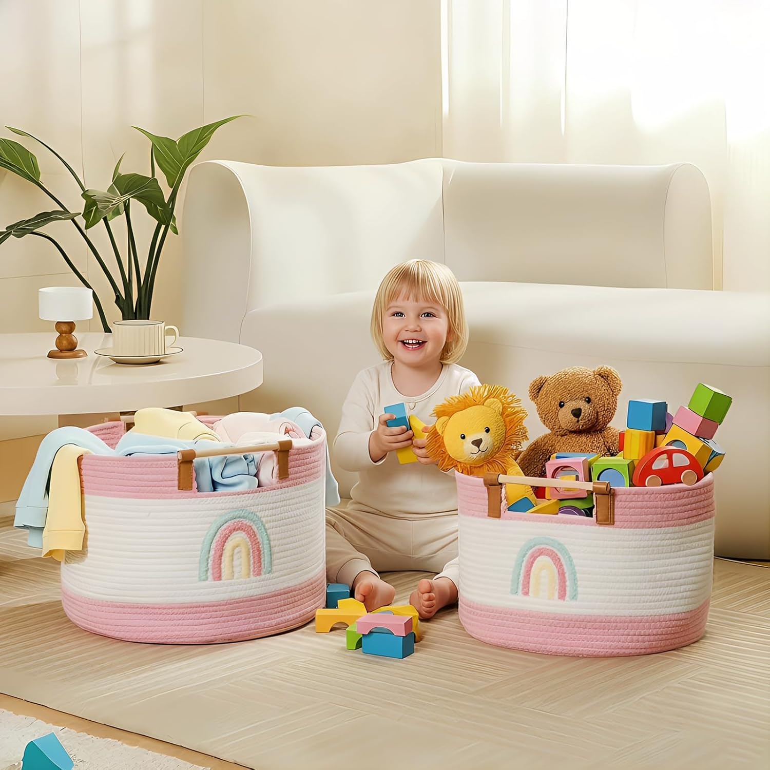 Thumbnail 1 de Tidelit Toy Storage Bin Box for Kids – 17 L Cotton Rope Basket with Wooden Handles