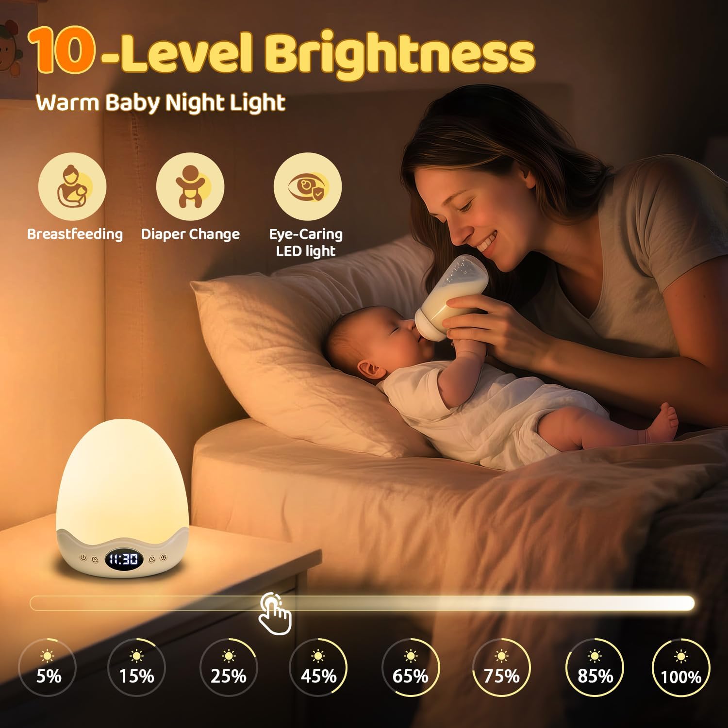 Detalle de PIKOY Egg Light Baby Night Light with Clock, 10 Colours & 10 Brightness Levels