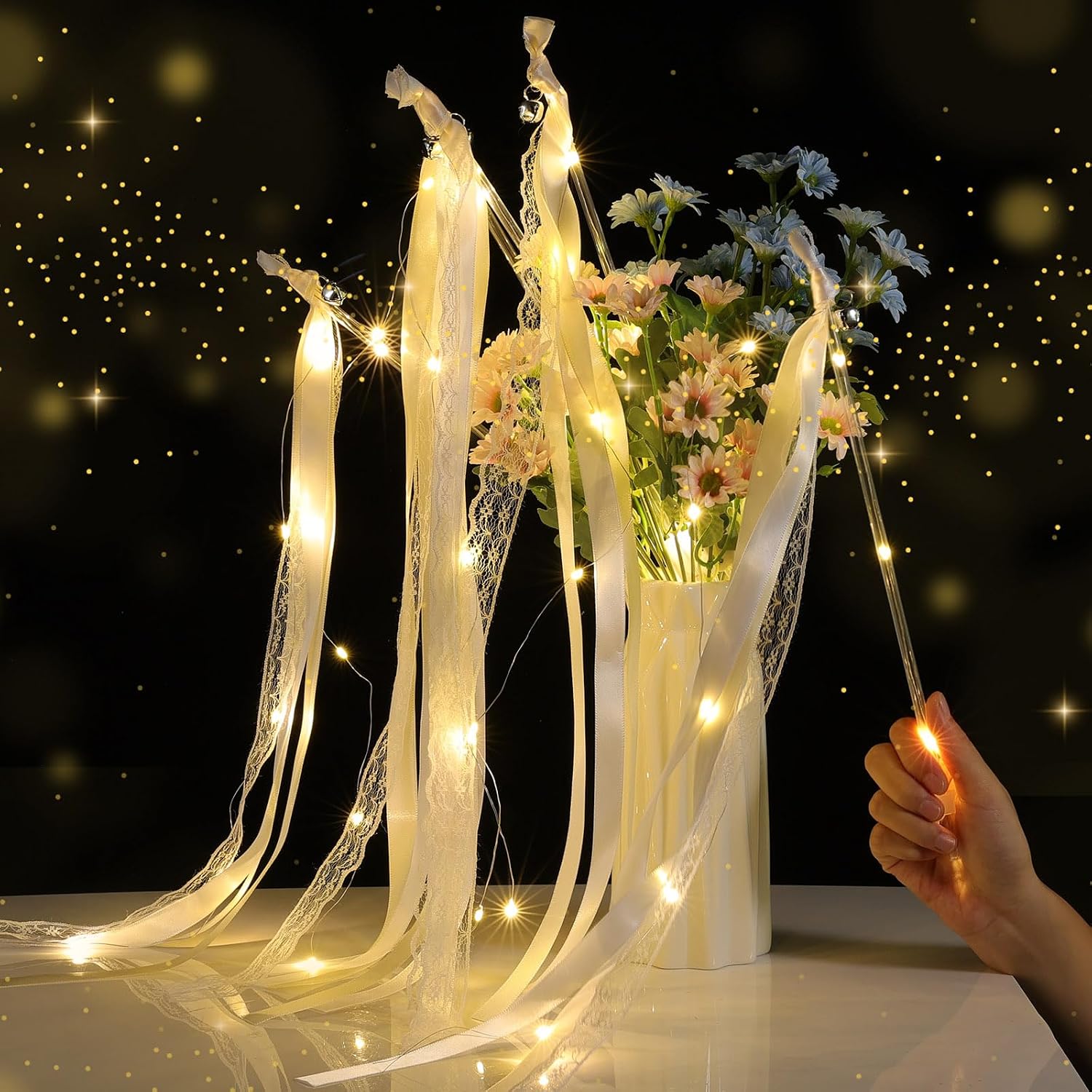 Detalle de 50 Pcs LED Wedding Wands with 3 Flash Modes — Warm White Glow, Ribbons, Bells