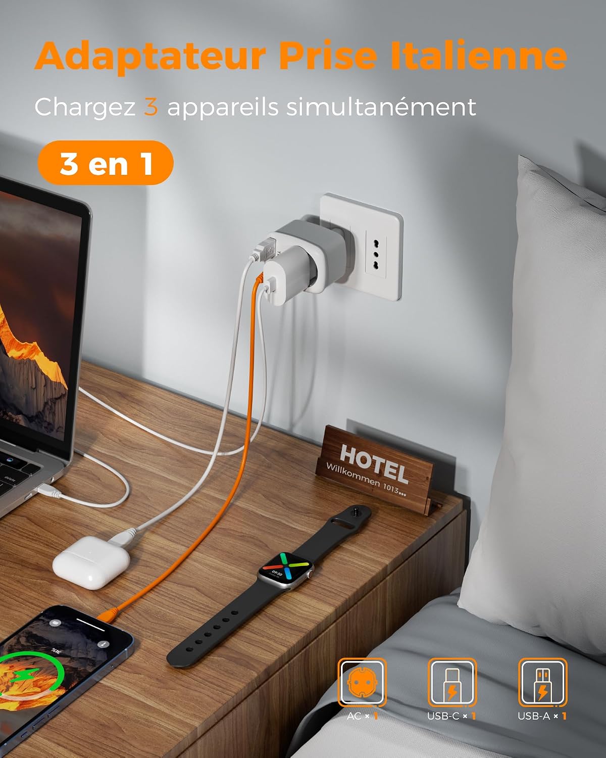 Thumbnail 2 de Adaptateur Prise Italienne TESSAN 3 en 1 pour France – USB-C et USB-A, Type L
