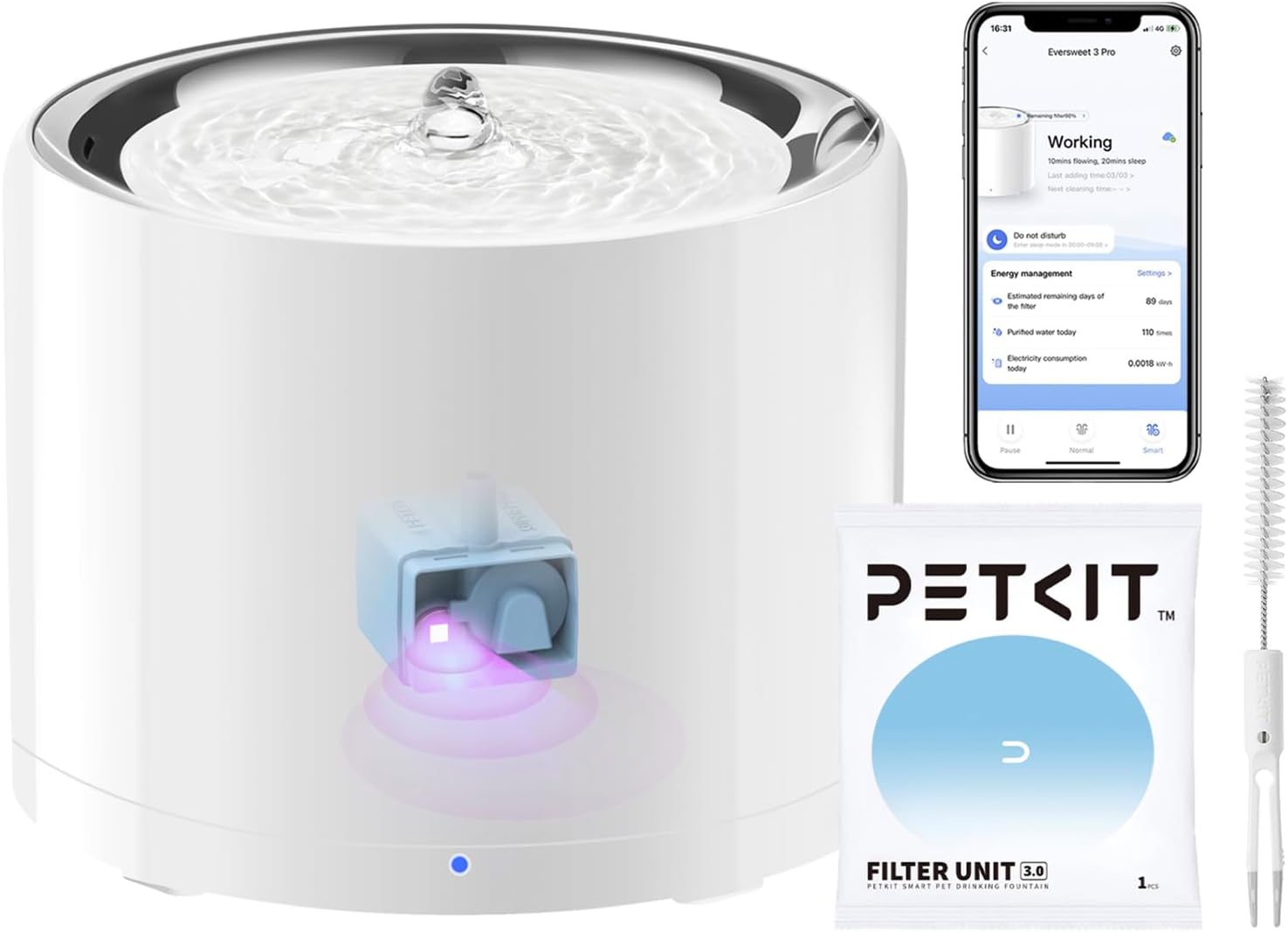 Detalle de PETKIT Cat Water Fountain with UVC Wireless Pump, APP Control and 1.8L Stainless Steel Bowl