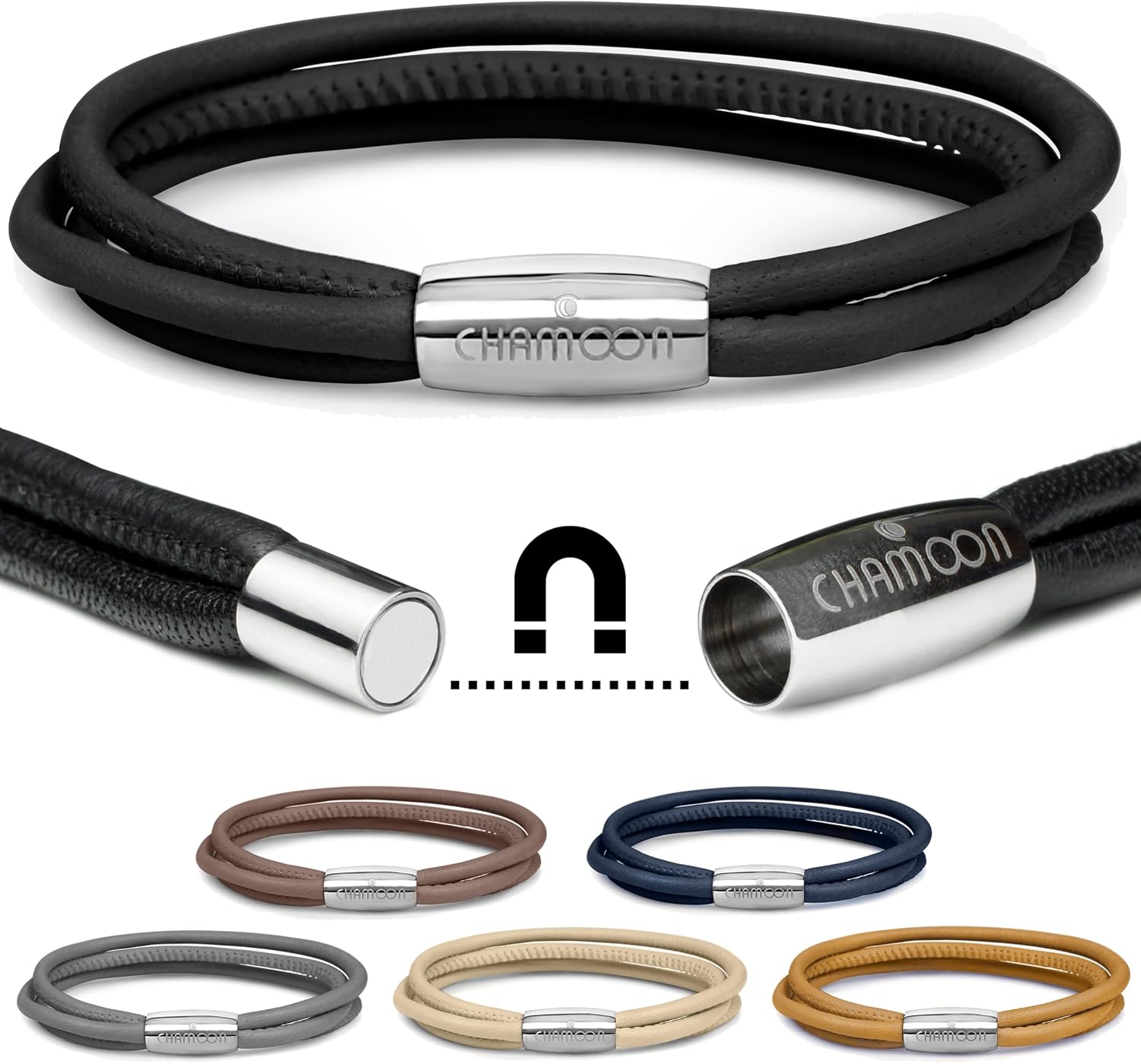 Detalle de CHAMOON Premium Lederarmband für Damen mit Magnetverschluss & über 80 Charms, Nappaleder, TRIO Kollektion