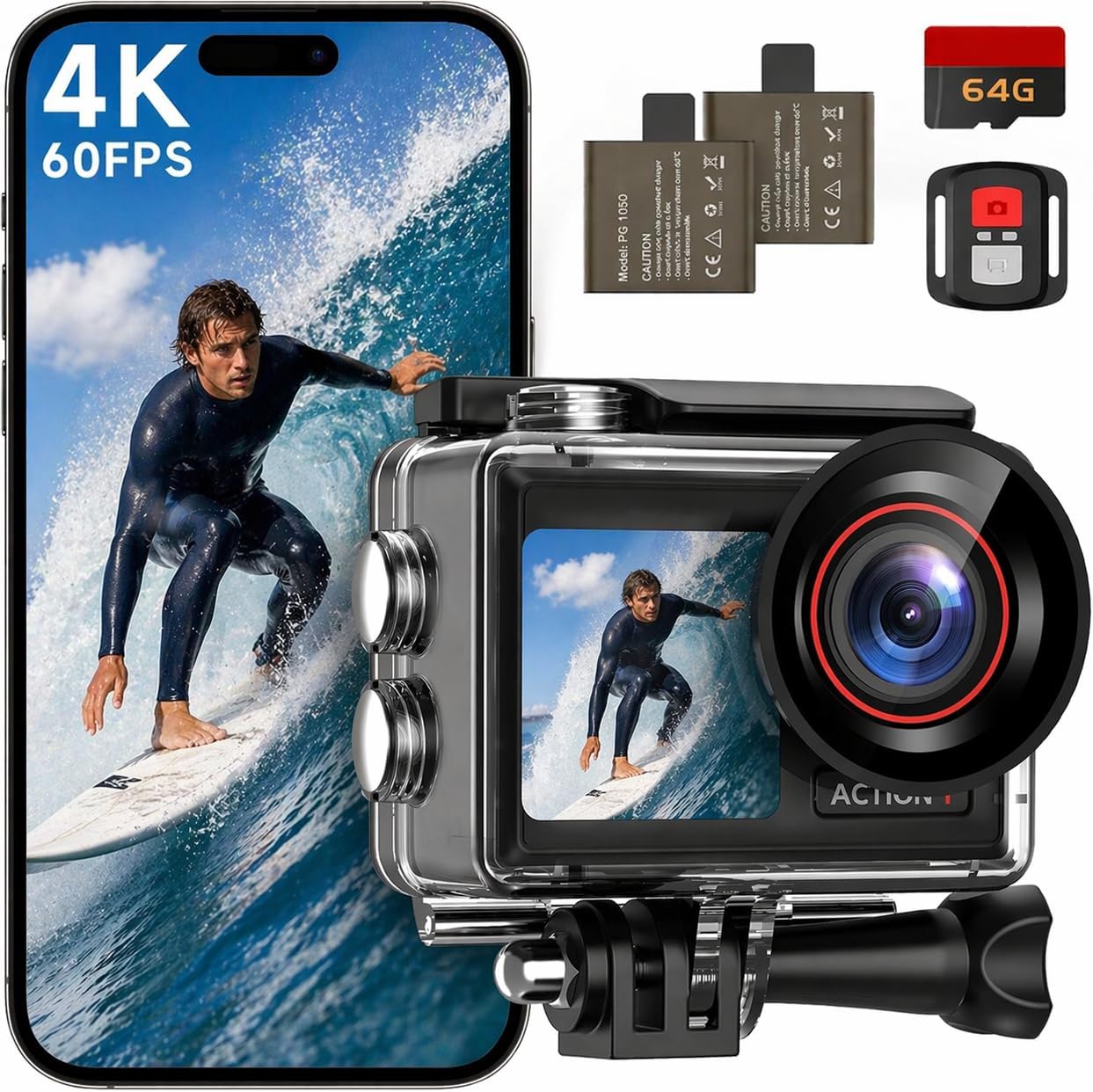 syndesmos Action Cam 4K 60FPS – Unterwasser-Kamera bis 40 m mit 64 GB Kit