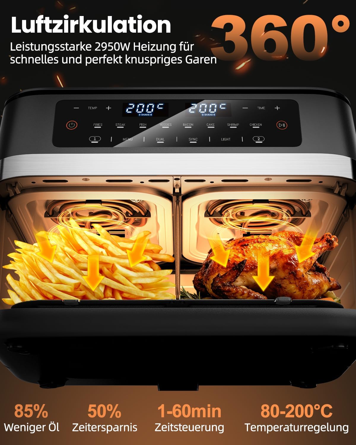 Detalle de WELLENT 12L Dual Zone Airfryer XXL – flexible Doppelkammer-Heißluftfritteuse mit Sync-Funktion