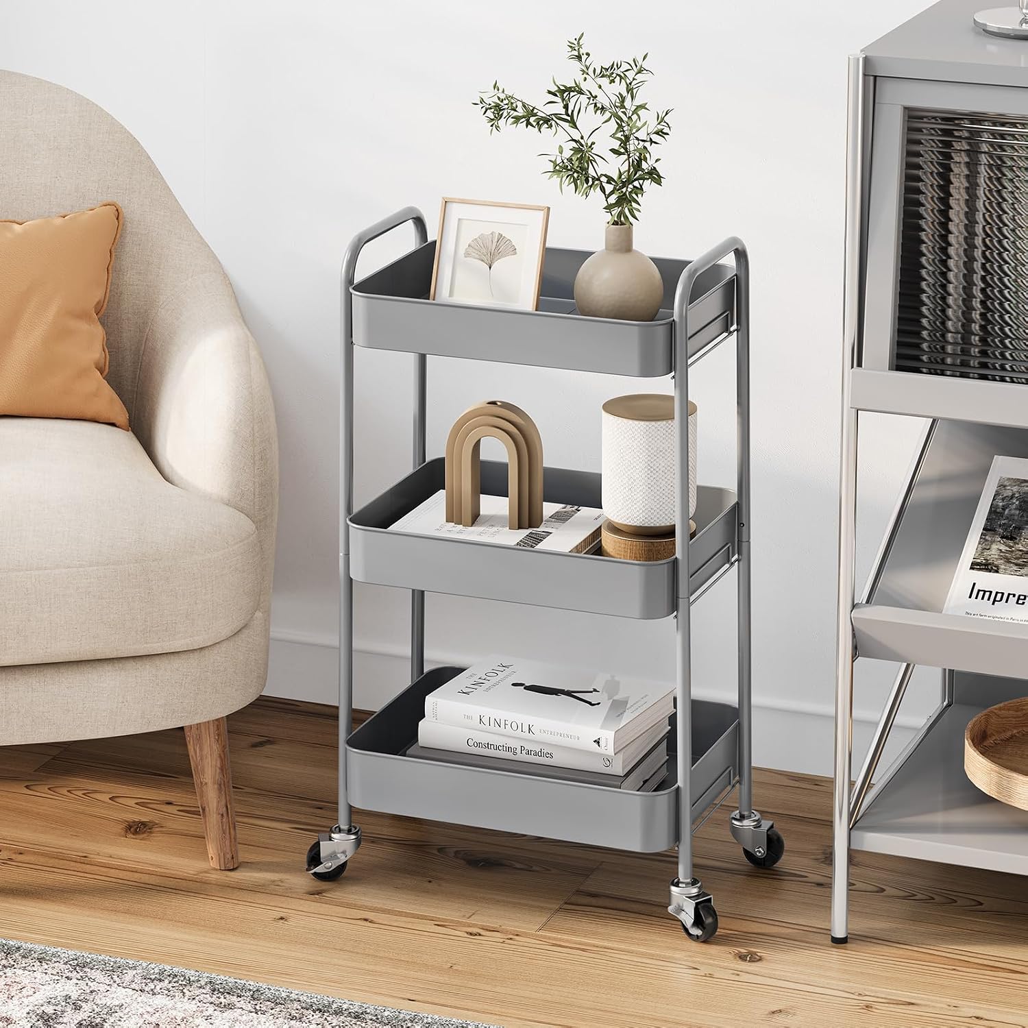 Detalle de TOOLF WK131218 3-Tier Metal Rolling Cart, Gray, Screwless Assembly