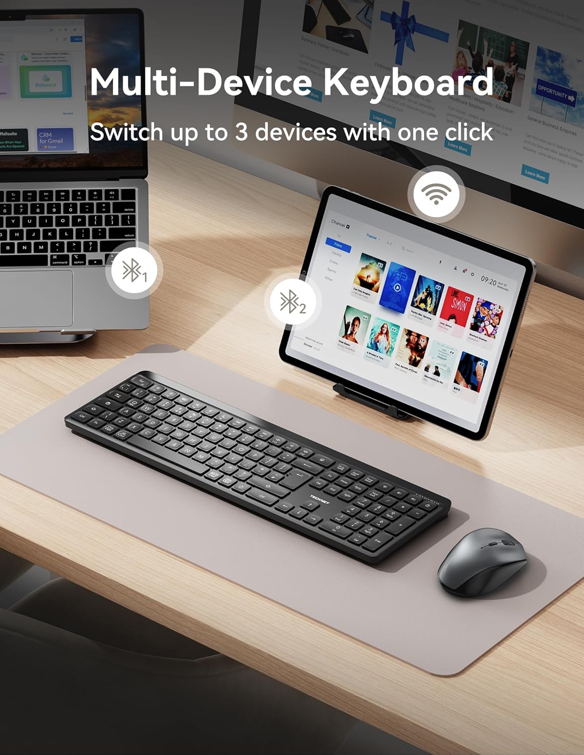 Detalle 2 de TECKNET Silent Wireless Keyboard: UK layout, multi‑device connect (2.4GHz + Bluetooth) with ergonomic design