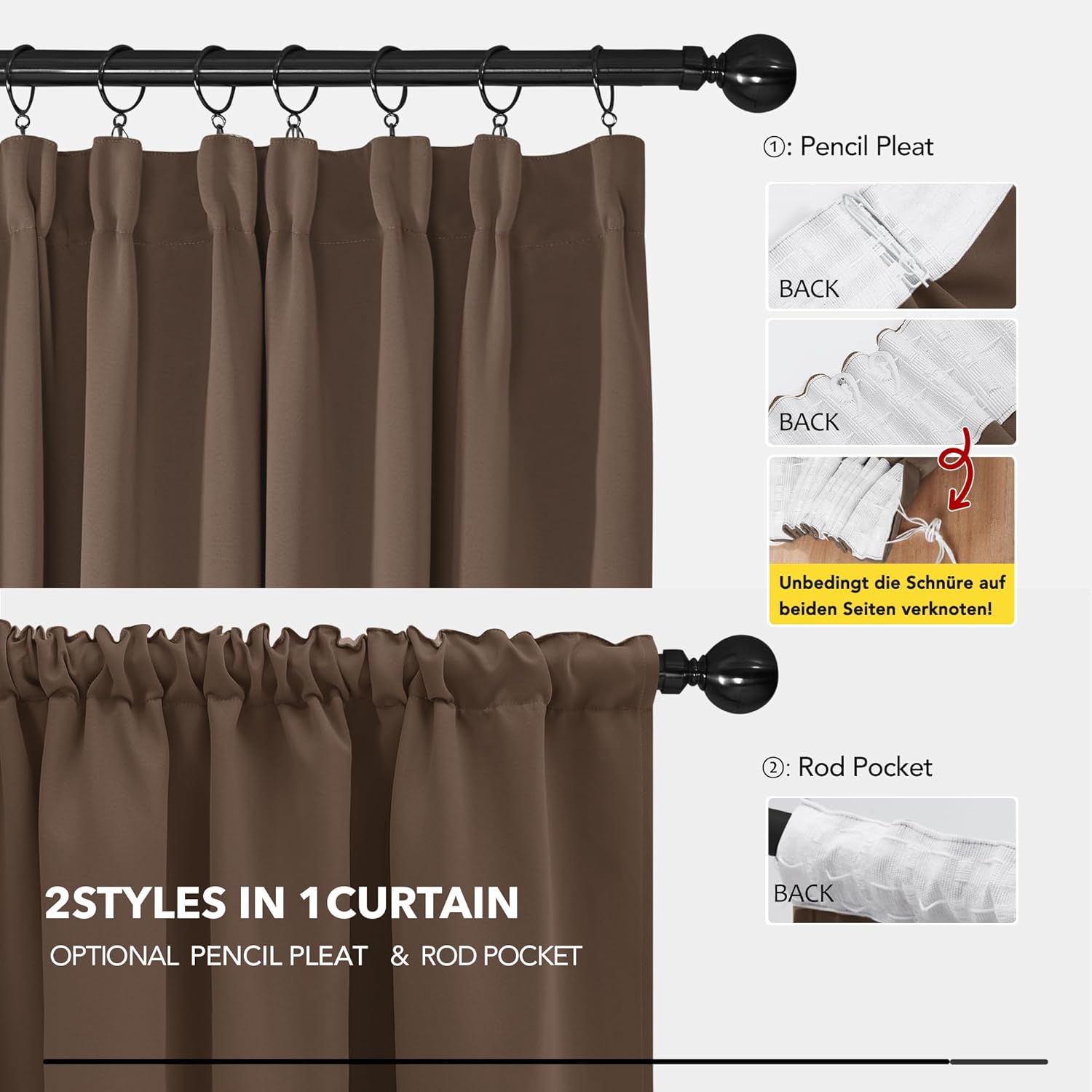 Detalle 2 de Deconovo Tende Oscuranti con Fettuccie per Interni 2 Pezzi 140x245 cm Marrone