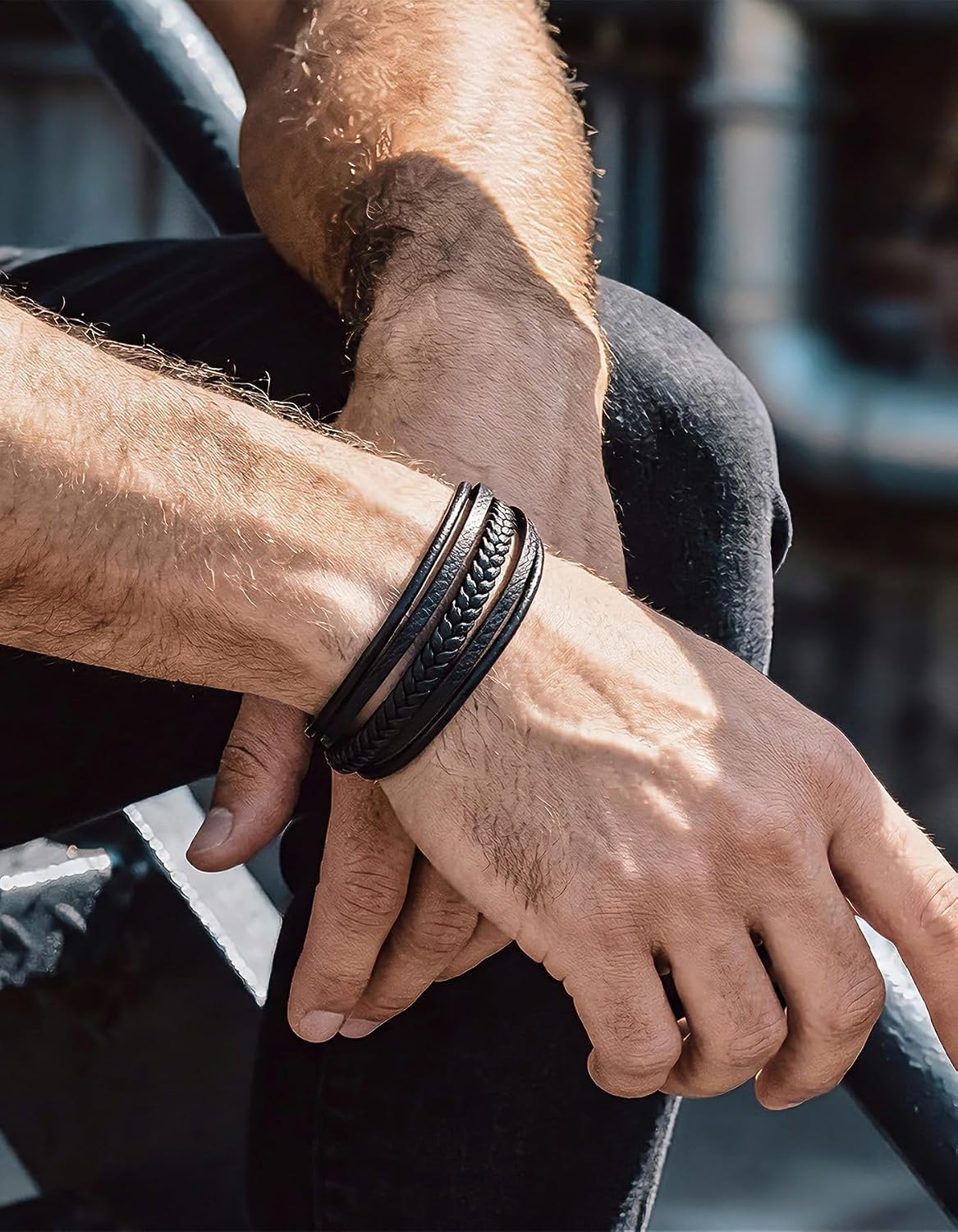Detalle de Bandmax Bracelet Homme Cuir Tressé Noir/Marron – Bracelet Multi-Rang Tissé avec Fermoir Magnétique, 3 Longueurs Disponibles