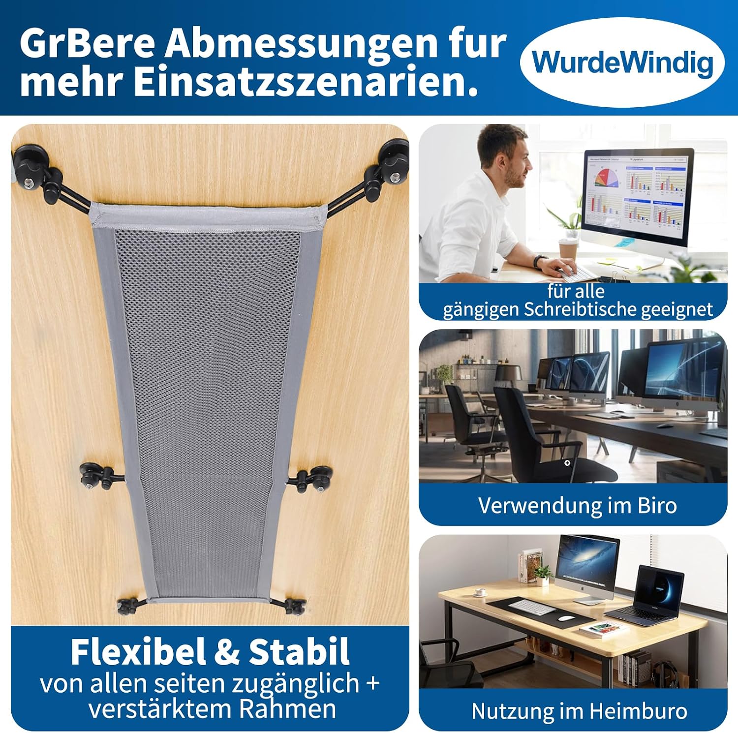 Detalle de WurdeWindig Kabelnetz Schreibtisch für Kabelmanagement – flexibler Netz mit 66,5 × 24 cm, Grau