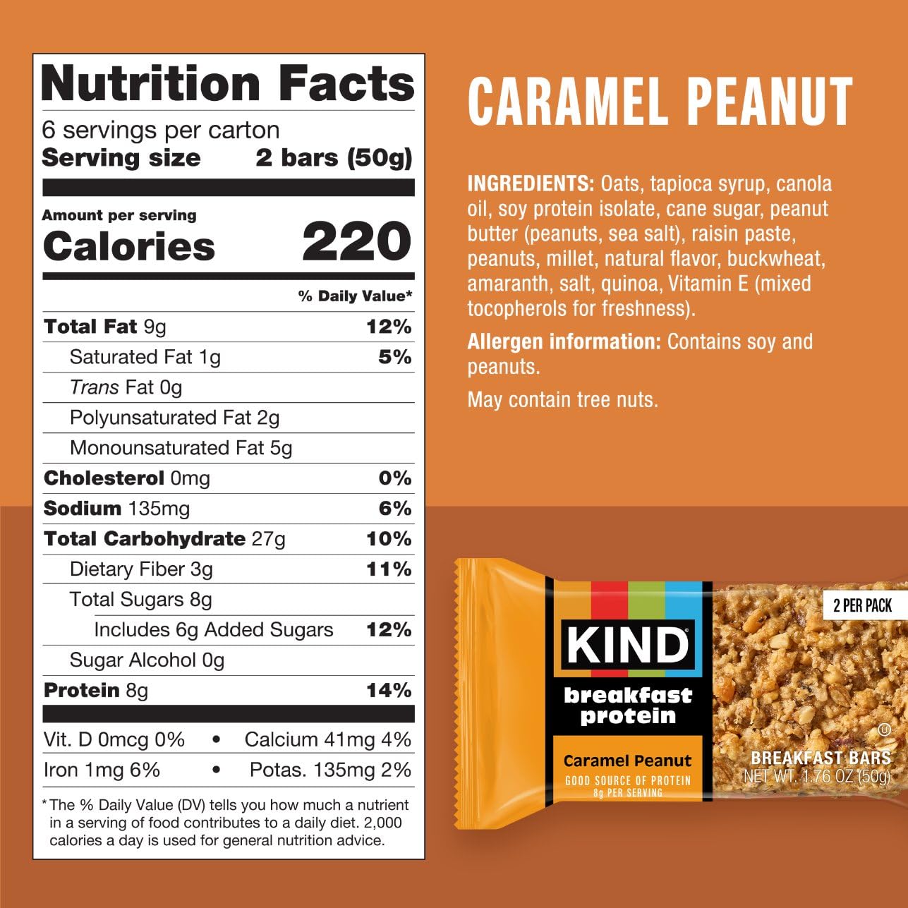 Detalle 2 de KIND Breakfast Caramel Peanut Protein Bars, Gluten-Free, 30 Two-Bar Packs