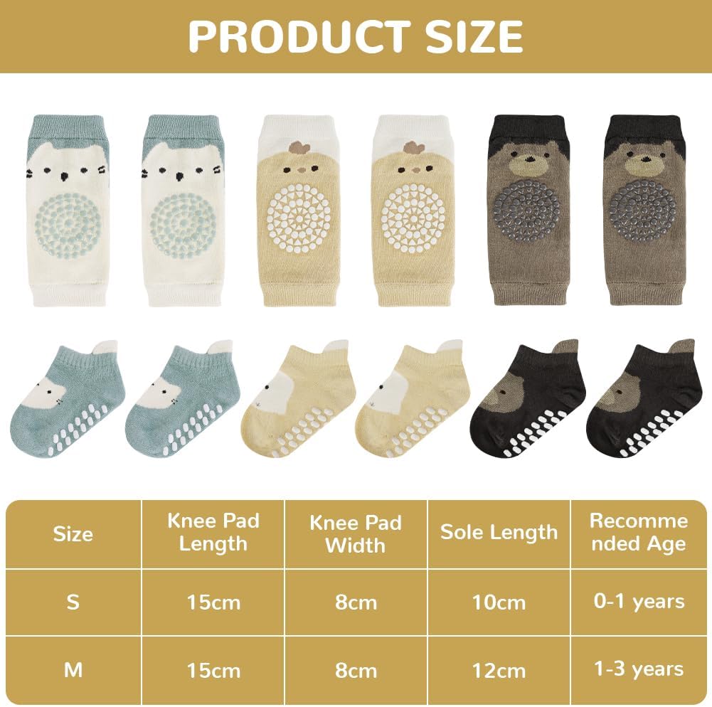 Detalle de AOOTE Baby Socks and Knee Pad Set, 3 Pairs Each with Rubber-Dot Socks