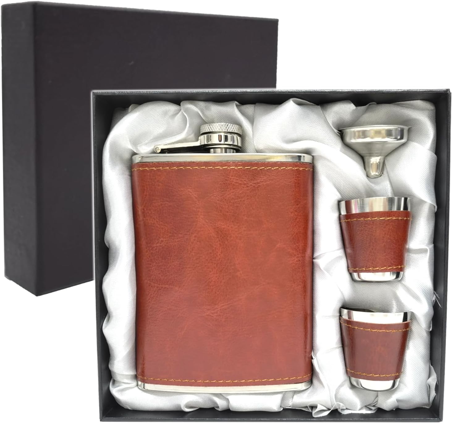 Thumbnail 6 de Hip Flask Set with Funnel and Shot Glasses, 8 oz Stainless Steel & PU Leather, Leak-Proof Whiskey Flask