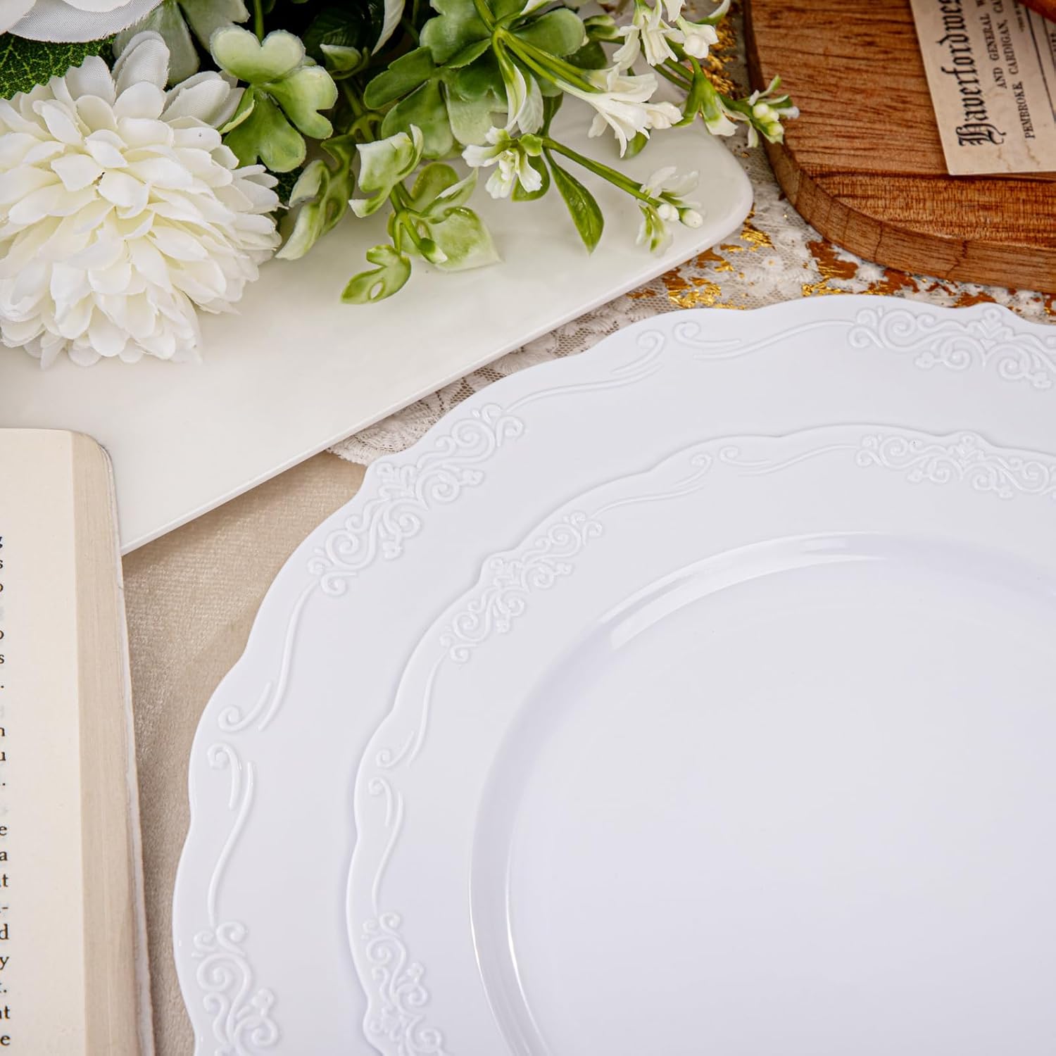 Thumbnail 3 de U-QE 100-Piece White Disposable Plastic Plates (50 Dinner 10" + 50 Dessert 7.5") for Weddings & Parties