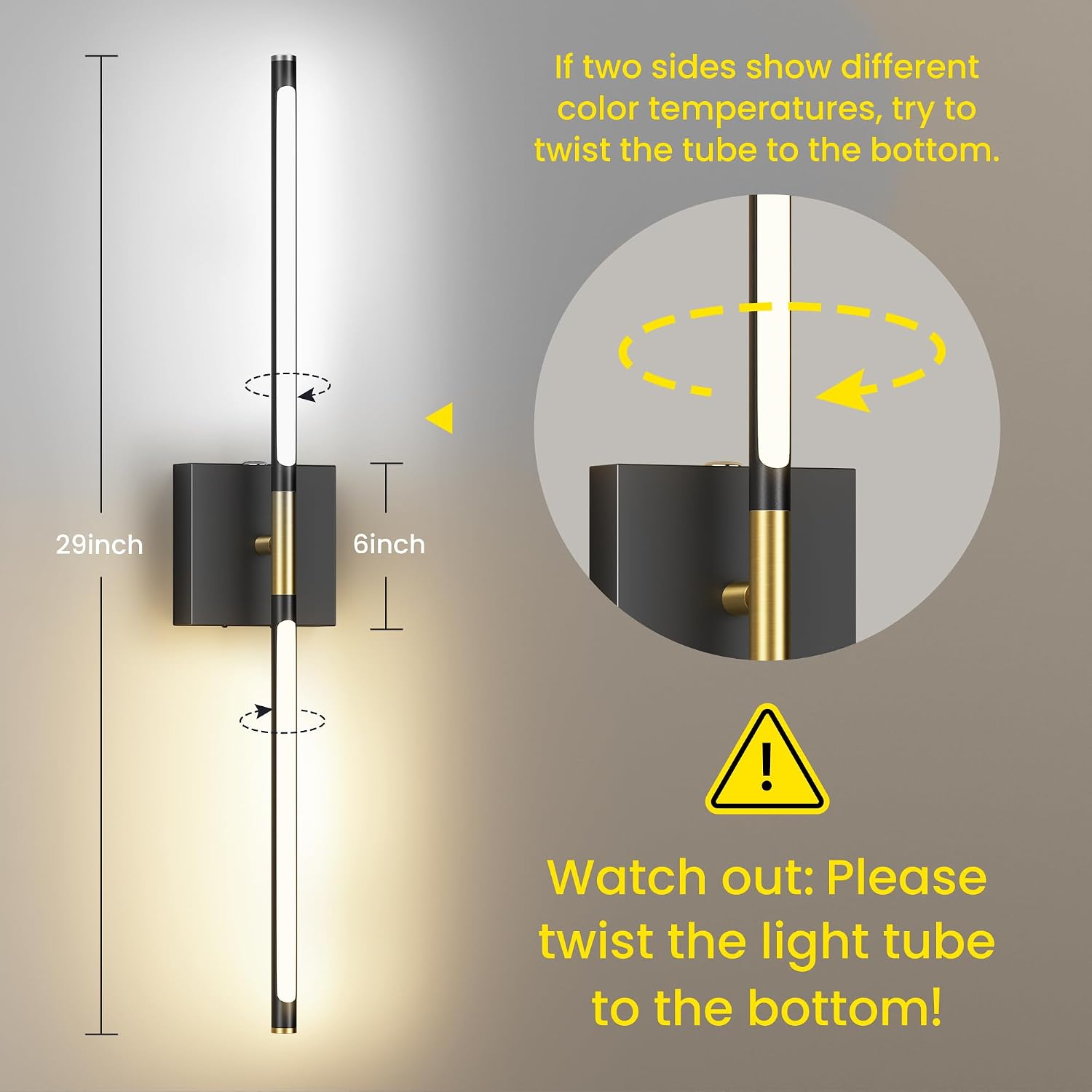 Thumbnail 2 de SyncGlow 29-Inch Rechargeable Wall Sconces, Set of 2, 3CCT, Remote, Black/Gold