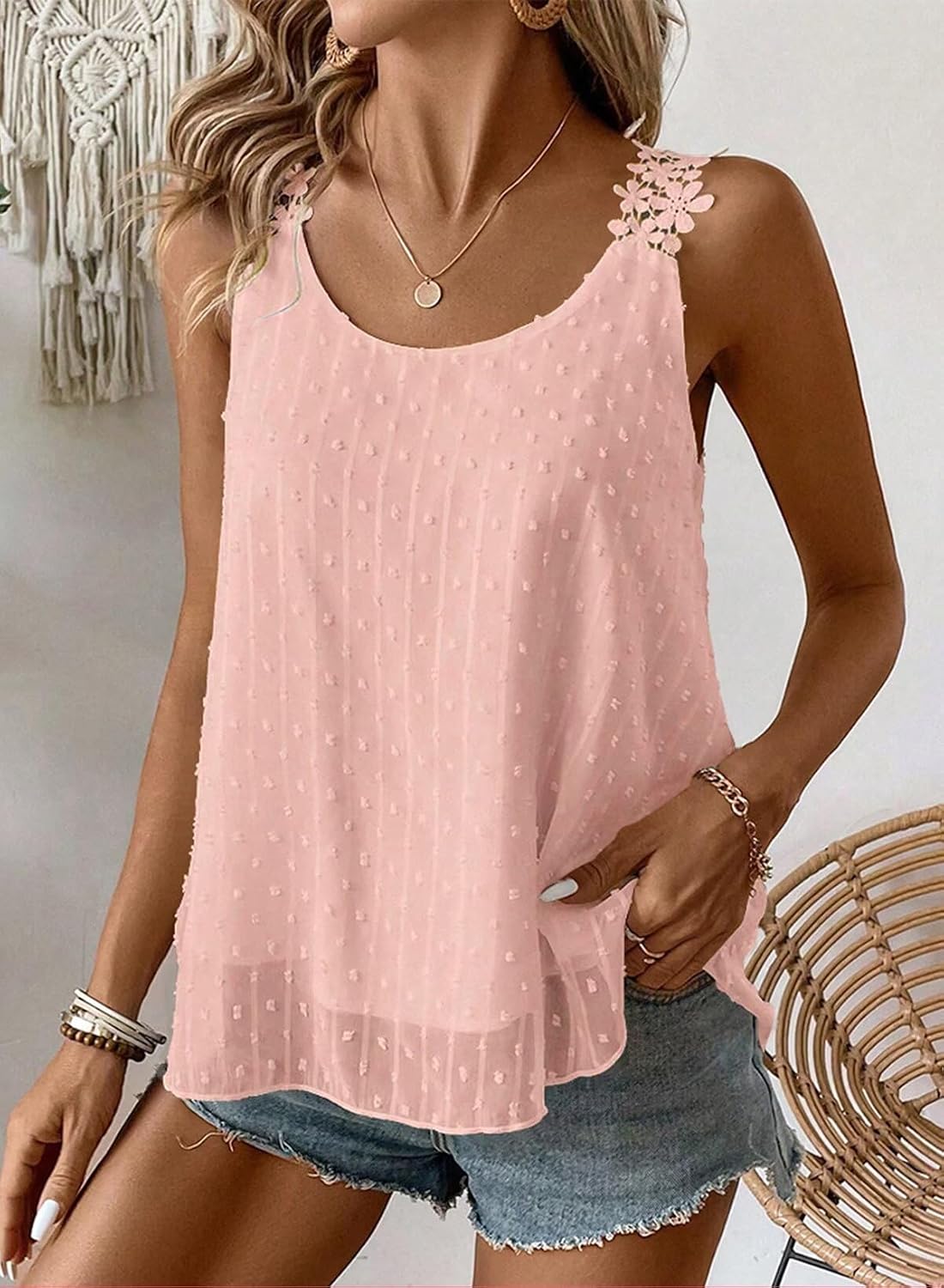Thumbnail 5 de Womens Swiss Dot Lace-strap Boho Tank Top (Flowy Sleeveless Summer Cami)