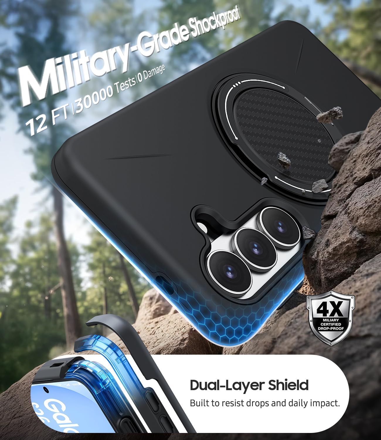 Detalle de AOUIA Samsung S26 Case with 2-Pack Screen Protector: Military-Grade Shockproof Protection with 360° Rotating Kickstand