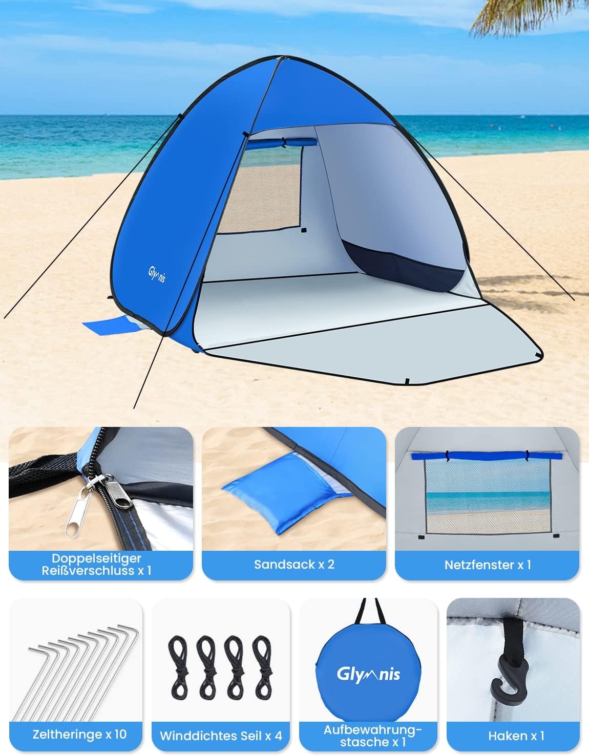 Thumbnail 6 de Glymnis Strandmuschel Pop Up Strandzelt – UV-Schutz 50+, Windschutz, blau, kompakt