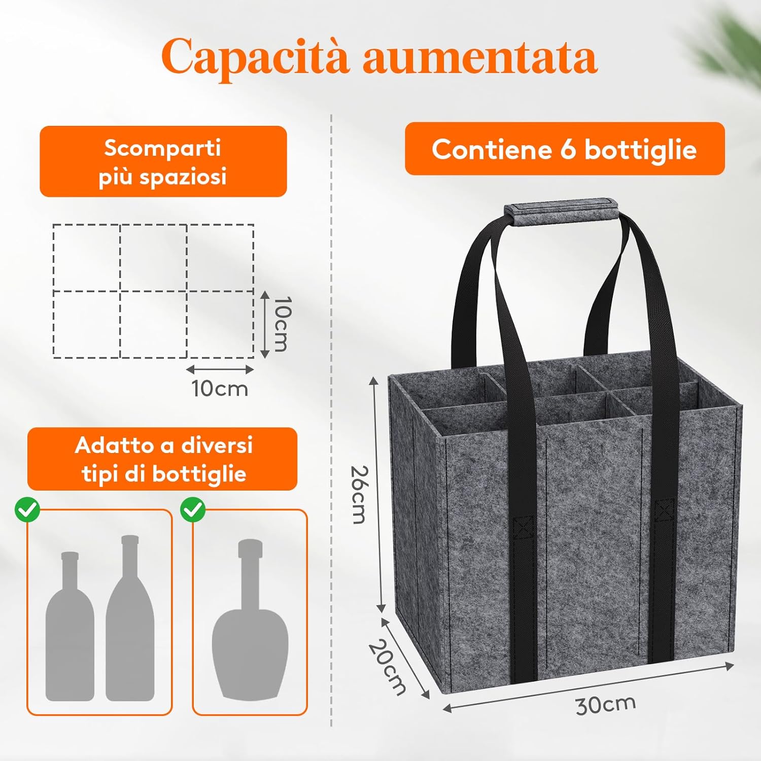 Detalle de Lifewit Borsa portabottiglie in feltro rinforzato con manici e 6 scomparti (30 x 20 x 26 cm)