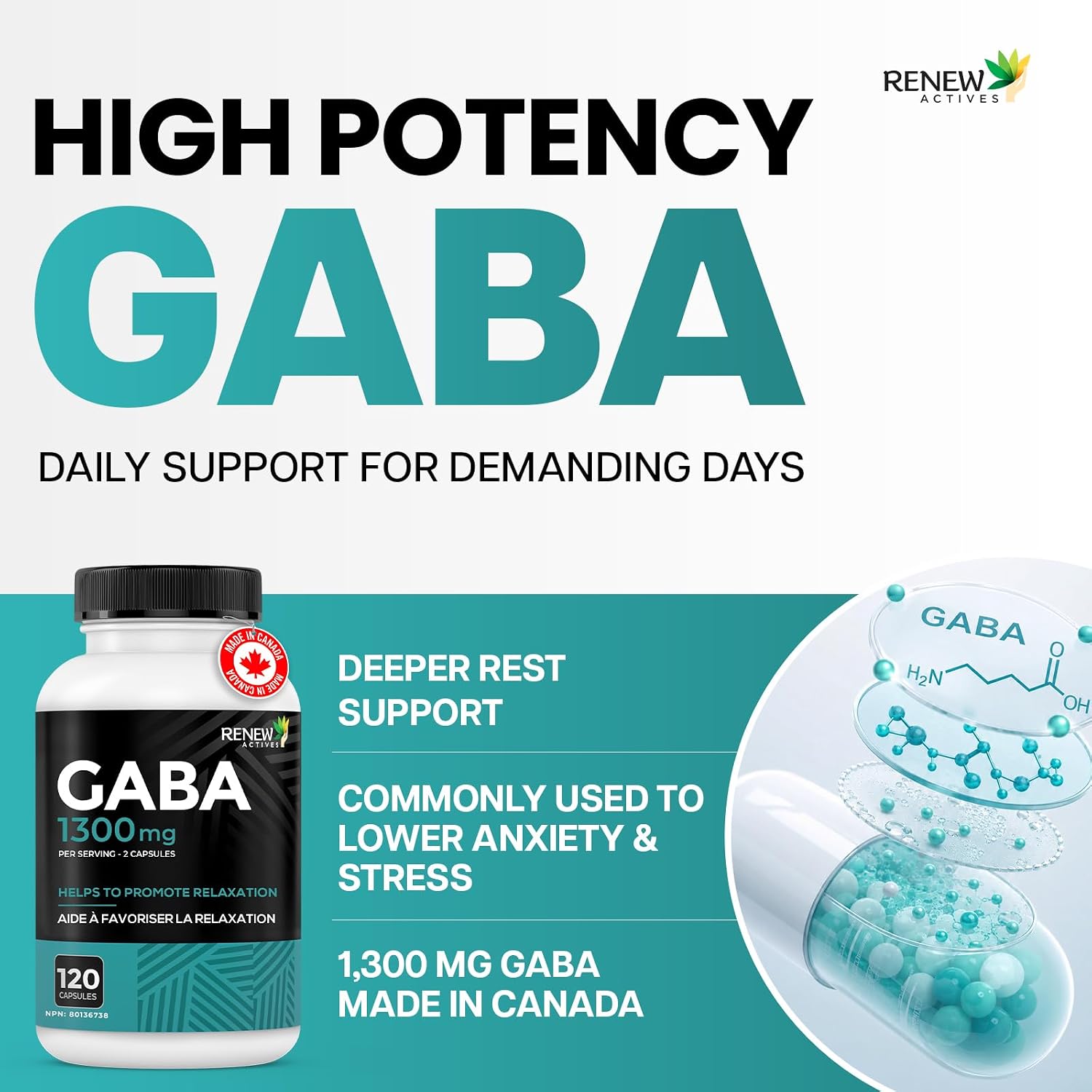 Detalle 2 de Renew Actives GABA 1300 mg per Serving, 120 Capsules (2-Pack), Sleep Support