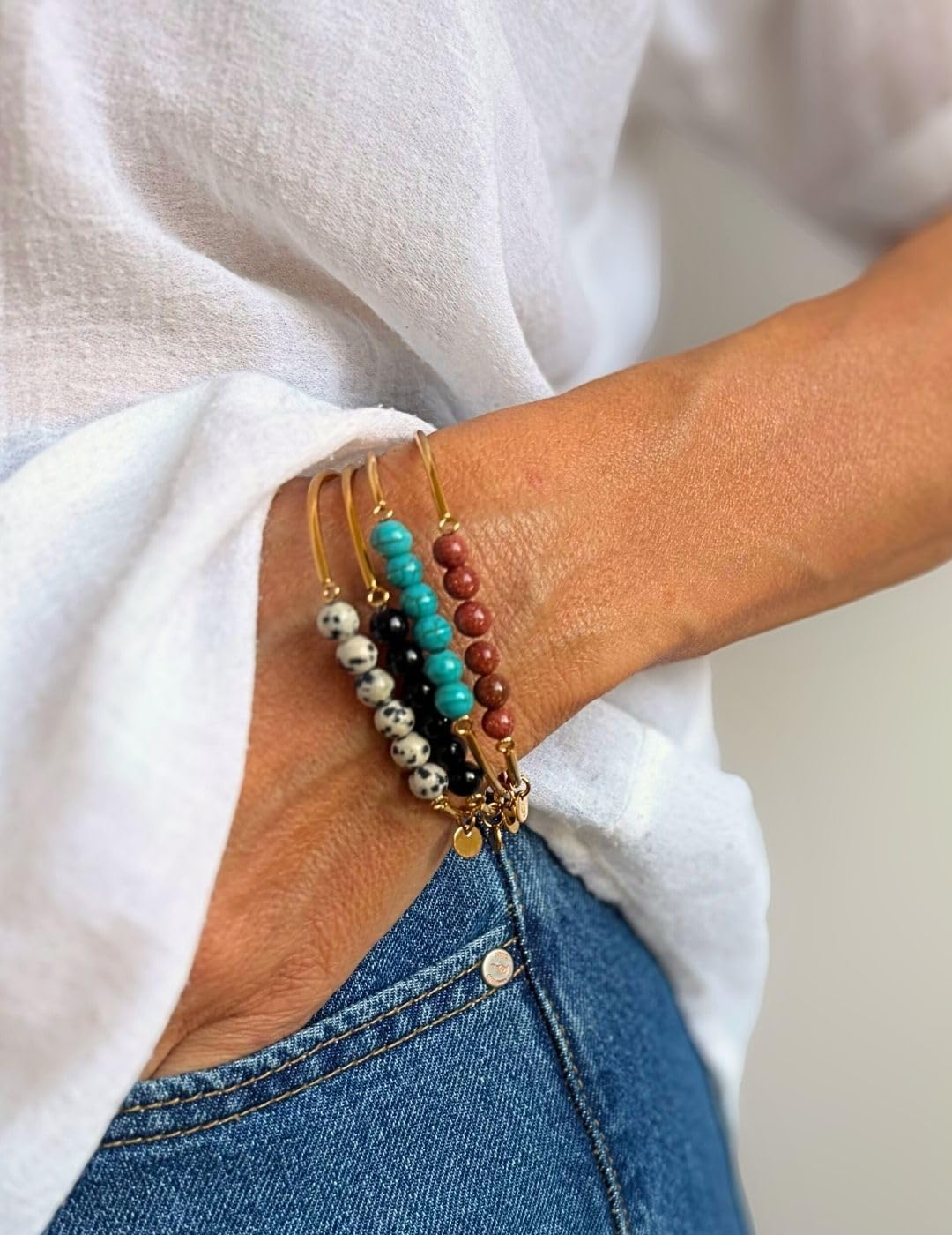 Thumbnail 2 de happymaker Edelstein Armreifen – elastischer Edelstahlarmreif mit Edelsteinperlen, handgefertigt in Deutschland