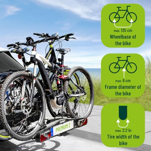 Detalle de EUFAP 11521 Fahrradträger PREMIUM 2 – E‑Bike geeignet, komplett vormontiert, Diebstahlschutz, 2 Fahrräder