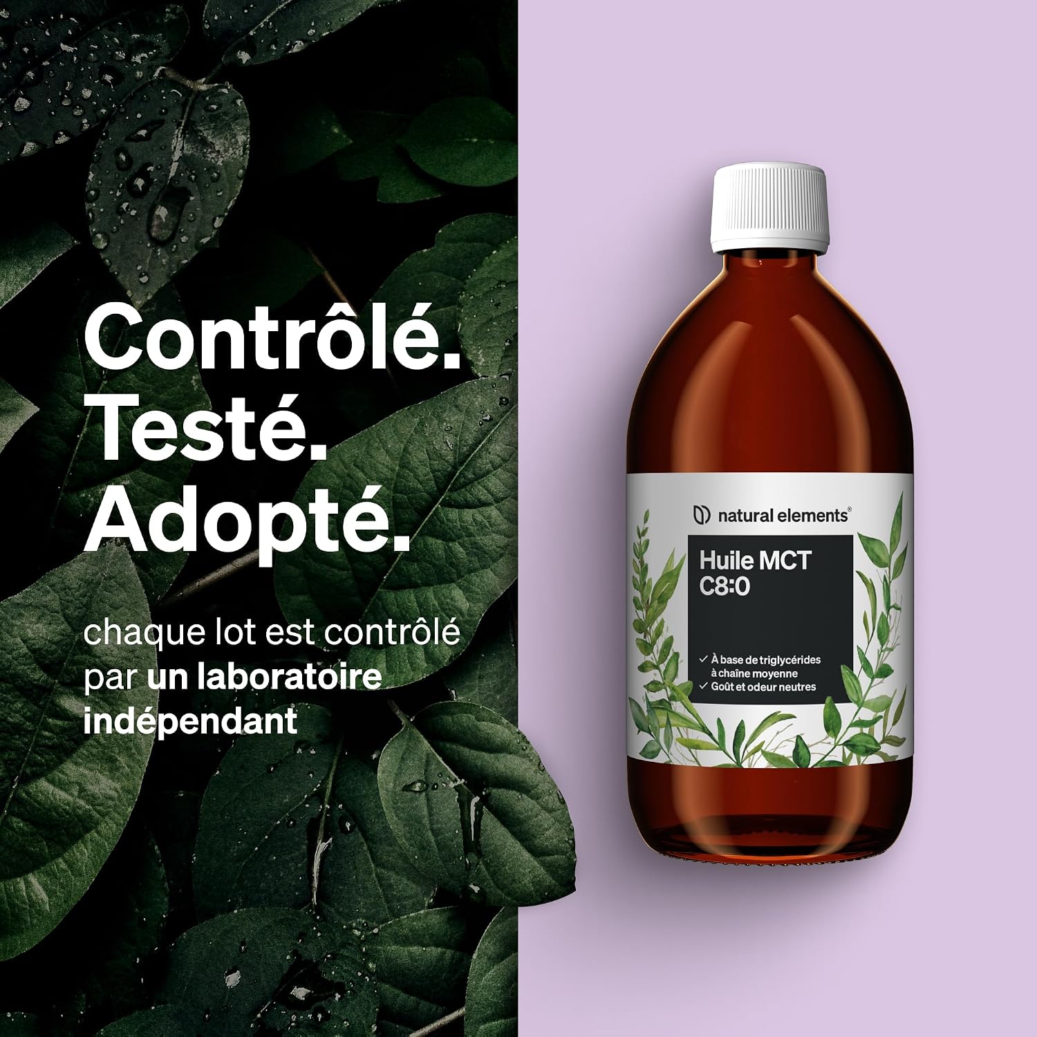 Detalle de Natural Elements Huile MCT (acide caprylique C8) 500 ml – goût et odeur neutres, végane