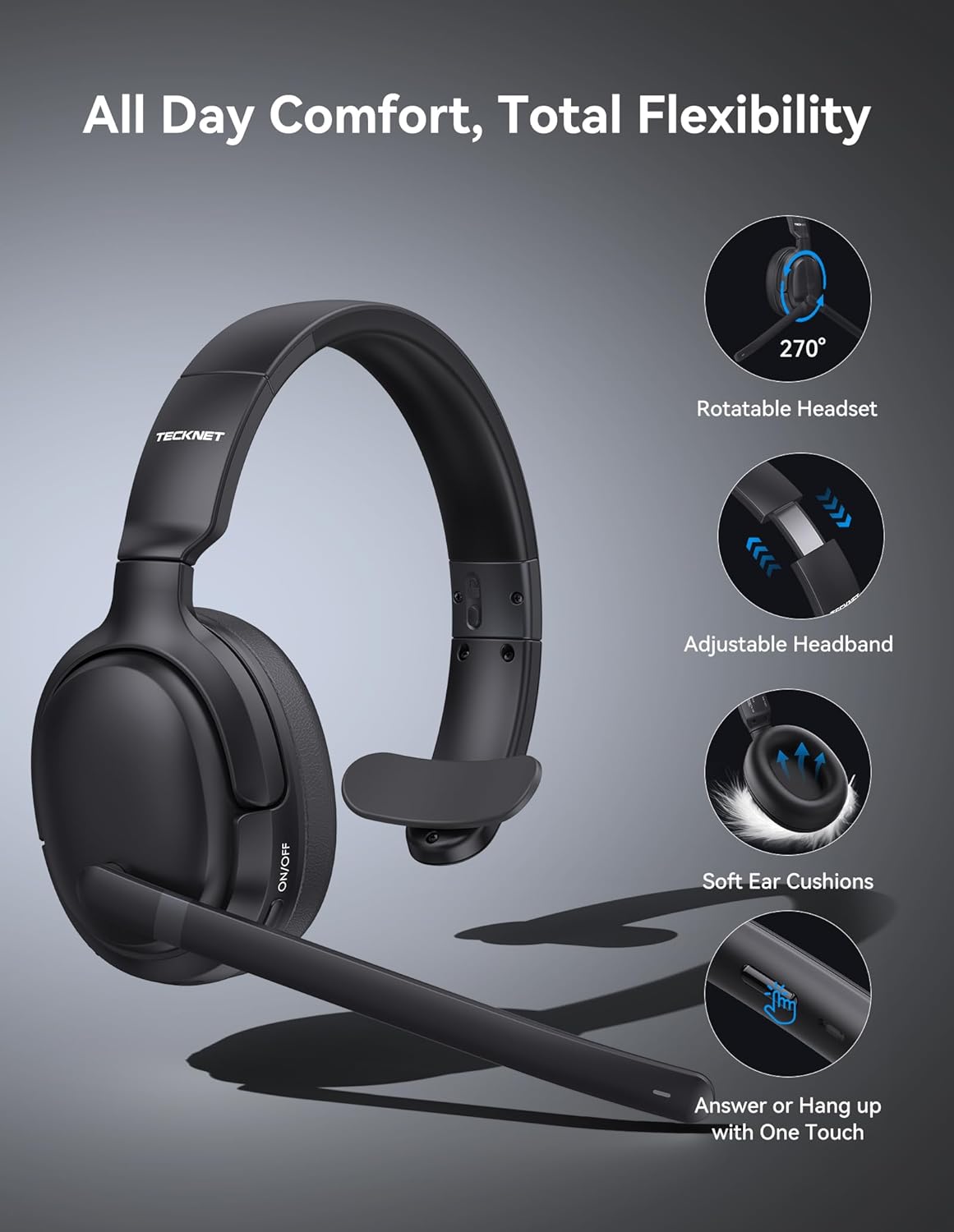 Detalle de TECKNET 5.4 Bluetooth Headphones Over Ear with Dual Connection, 65H Battery and 2-in-1 Mono/Stereo