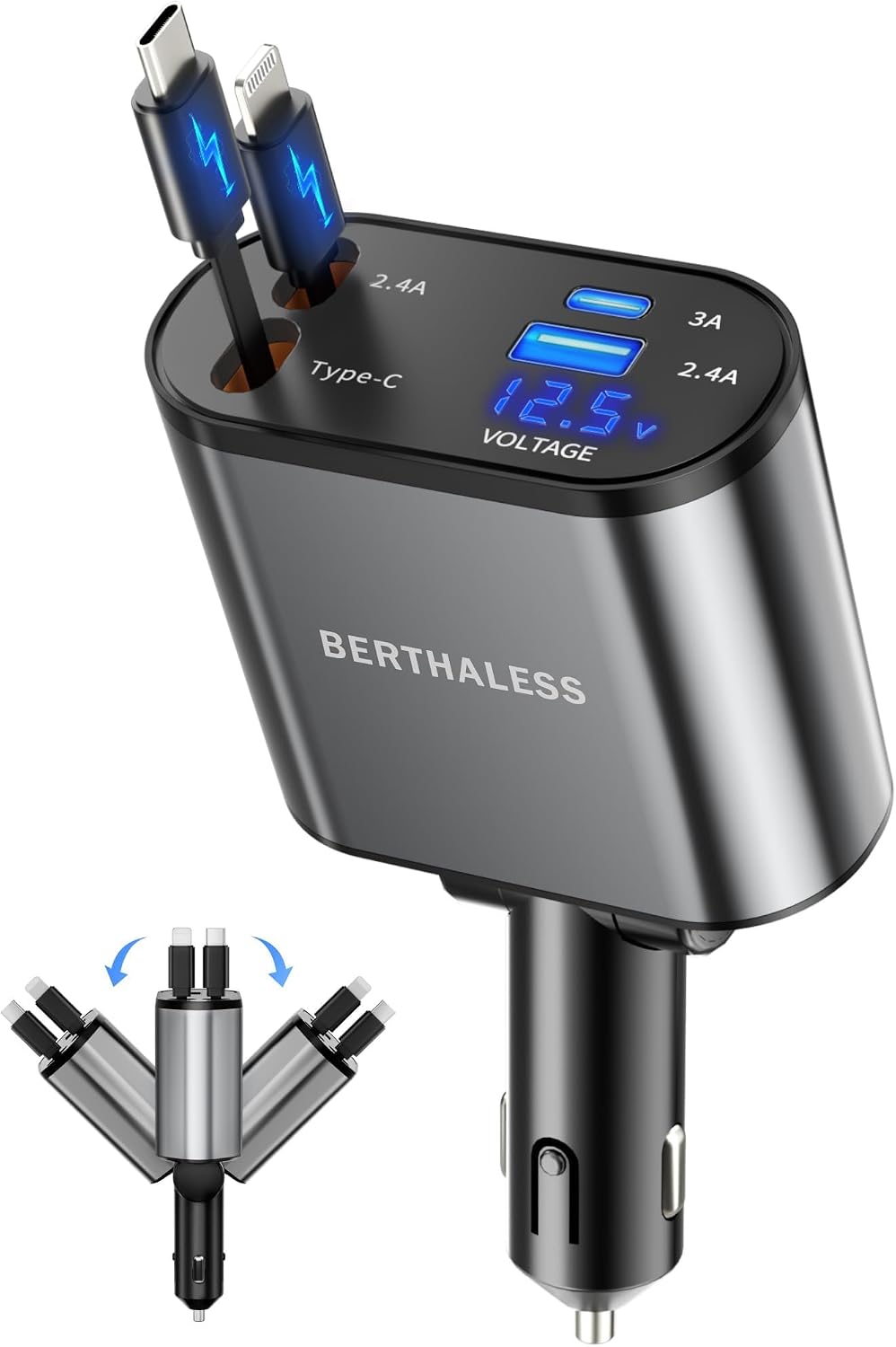 Detalle de BERTHALESS Retractable Car Charger 4-in-1