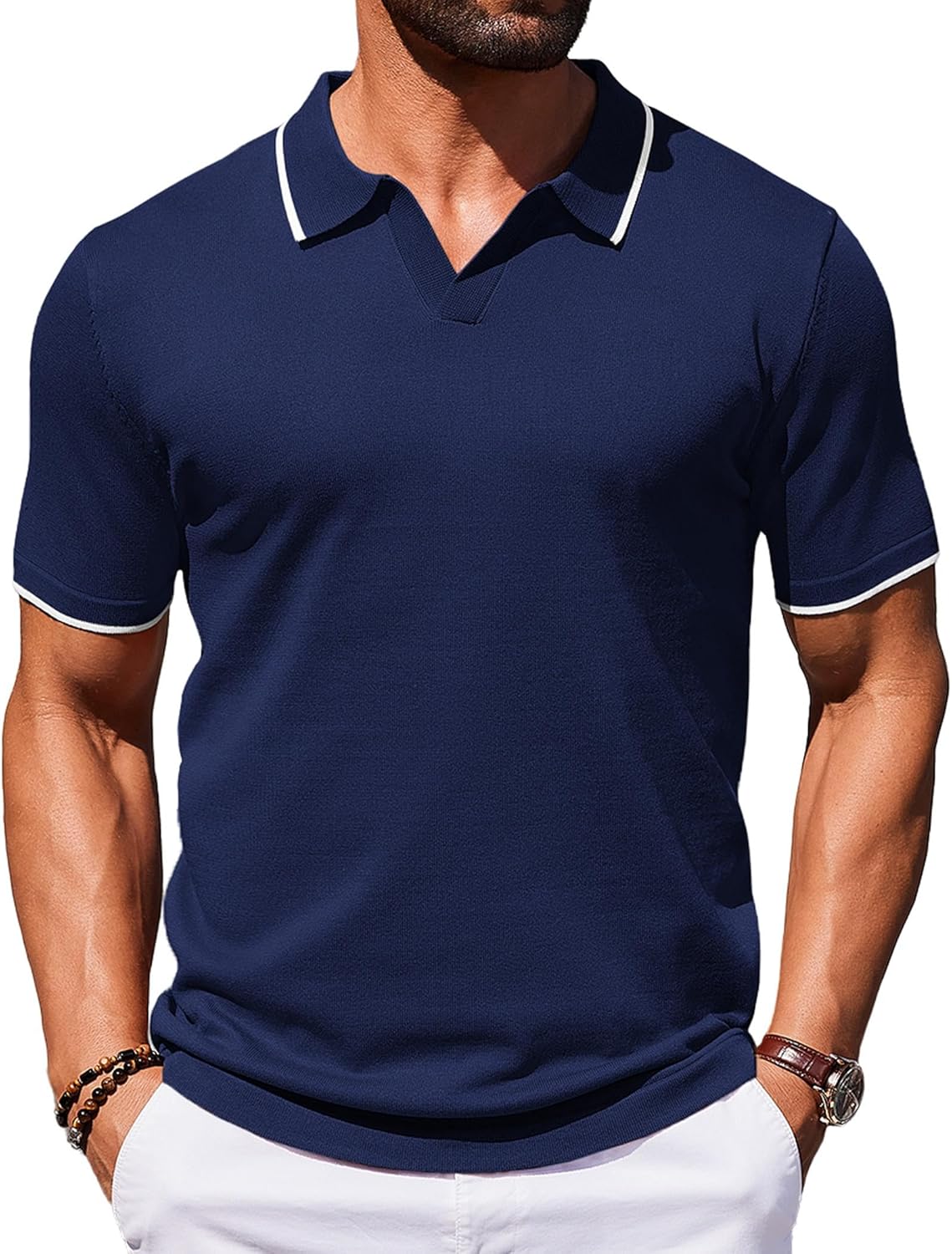 Detalle de COOFANDY Men's Short Sleeve Polo Shirt – Vintage Inspired Knit Polo for Everyday Comfort