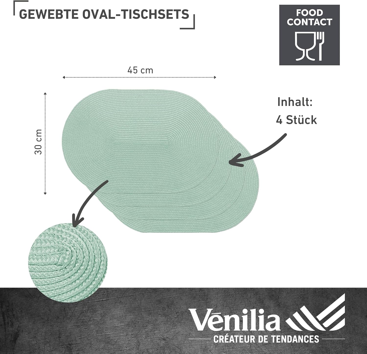 Thumbnail 1 de Venilia Tischset Grün Rund 45 x 30 cm – elegantes Platzset aus gewebtem Material, lebensmittelecht