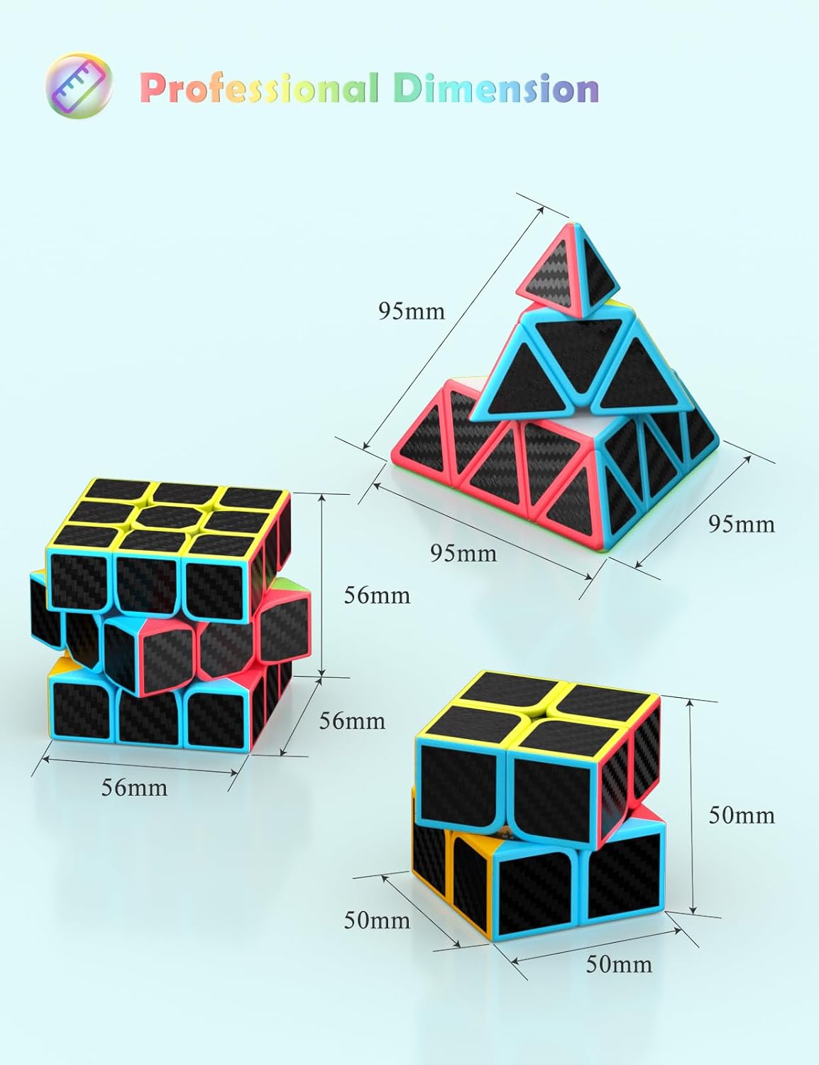 Thumbnail 1 de ROXENDA Speed Cube Set (2x2 & 3x3 Pyramid) with Carbon Fibre Stickers — including English manual