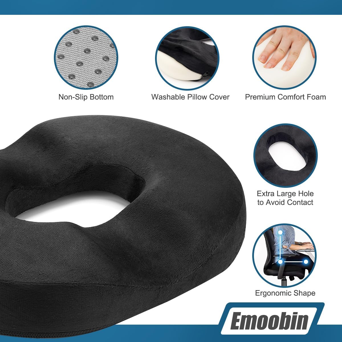 Thumbnail 1 de Emoobin Donut Sitzkissen (45 cm) mit Memory-Schaum – Ringkissen für Bürostuhl & Zuhause, Schwarz