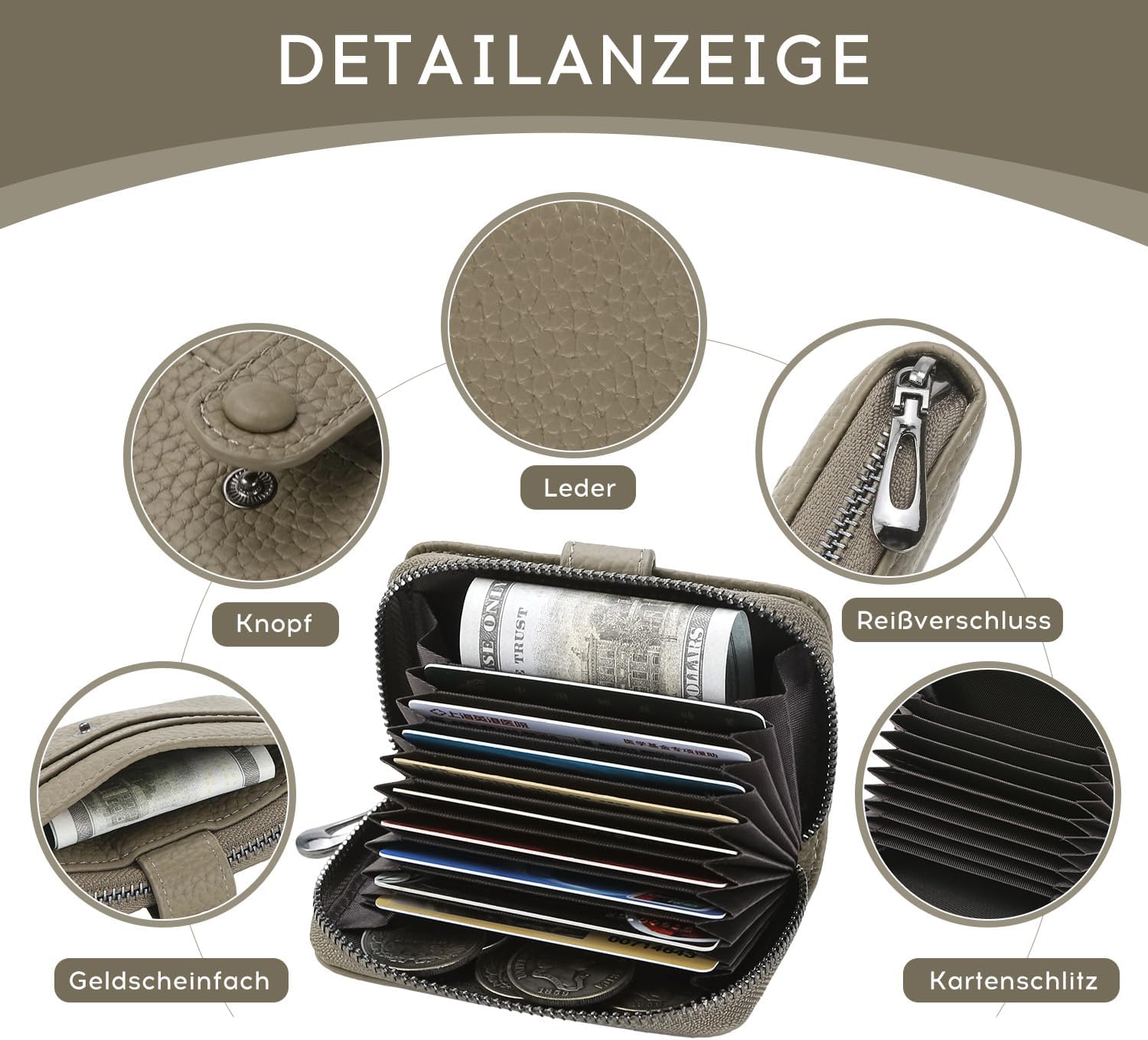 Detalle de ILIYAH Geldbörse Damen Klein Geldbeutel – Weiches Leder, Grau, mit RFID-Schutz