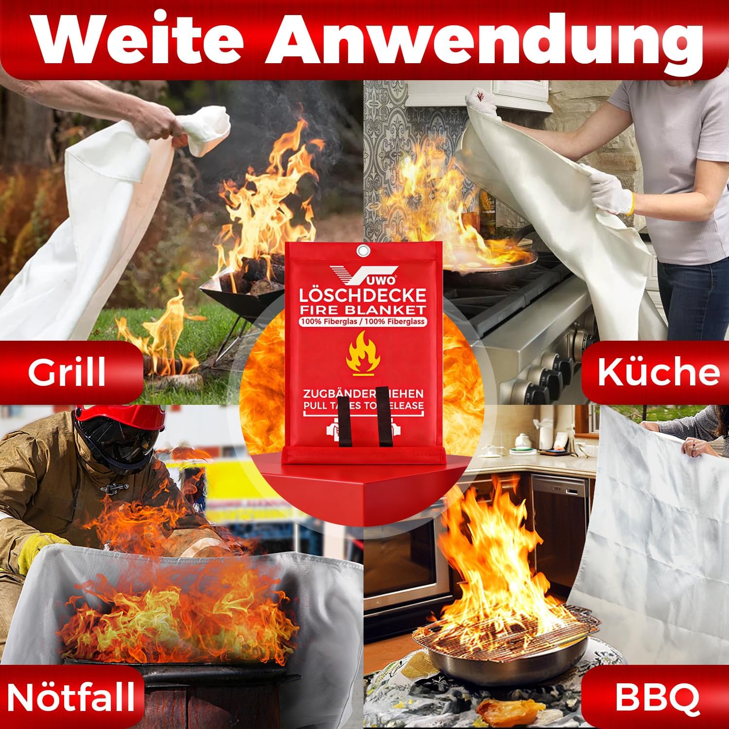 Thumbnail 4 de vuwo Löschdecke für Küche (Notfall-Feuerlöschdecke) nach EN 1869:2019 – Glasfaser, für Fettbrände